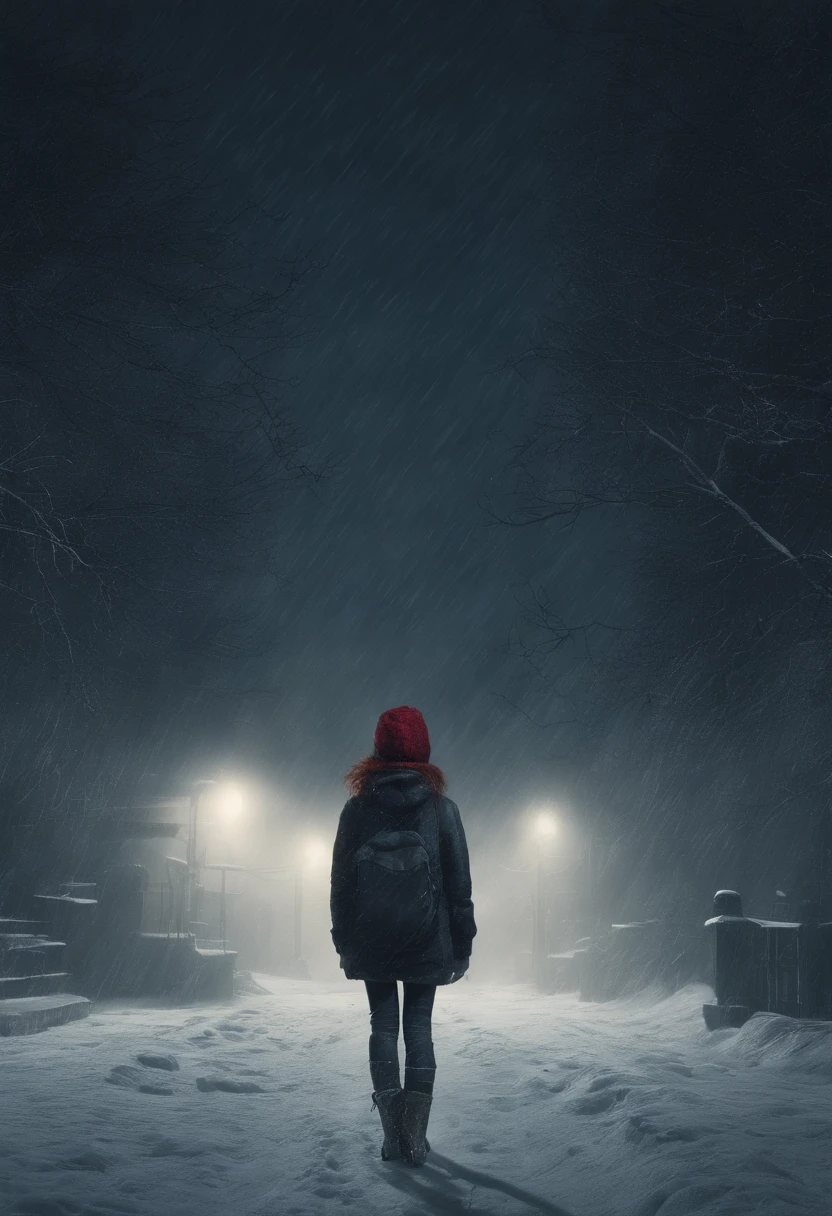 4k master piece, high detail, night time, dark, exterior of a red haired girl with blue eyes, wearing a dark blue sweater and beanie, with black tights and wearing a yellow backpack, walking through an empty snowy village at night, dark, scary, foggy and snowing, dynamic framing, dramatic pose