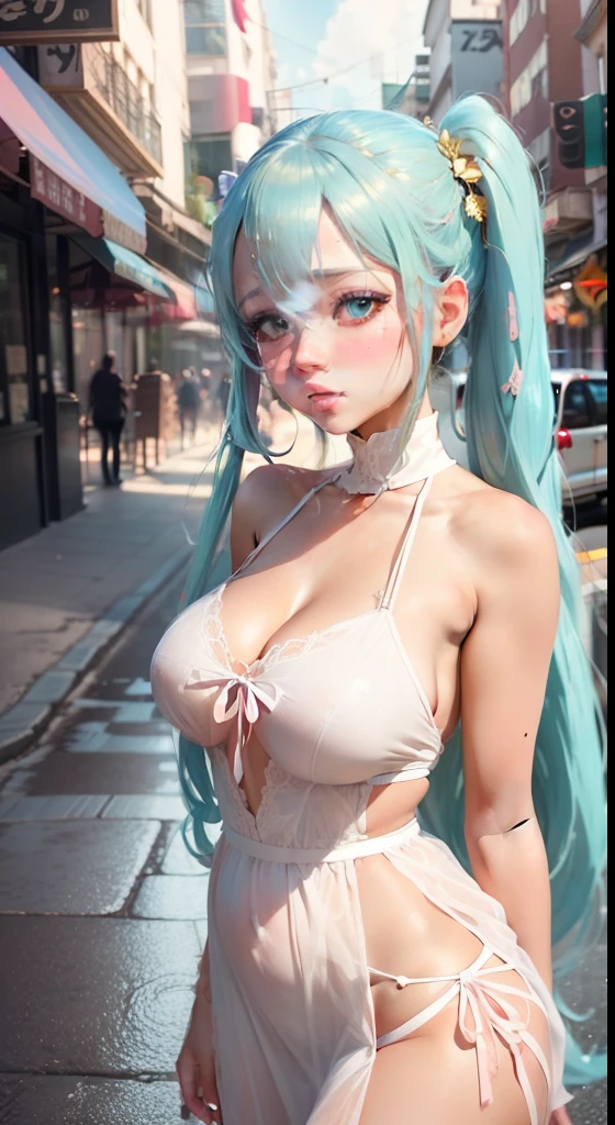 A sexy girl with pink twintail, large breasts, fair skin, and cyan eyes, in a street. She is wearing a wet white dress with golden hues. Her skin is fair, her face is blushing, a masterpiece, a work of art of the highest quality. The image is an incredibly detailed , with artistic anime-like tones