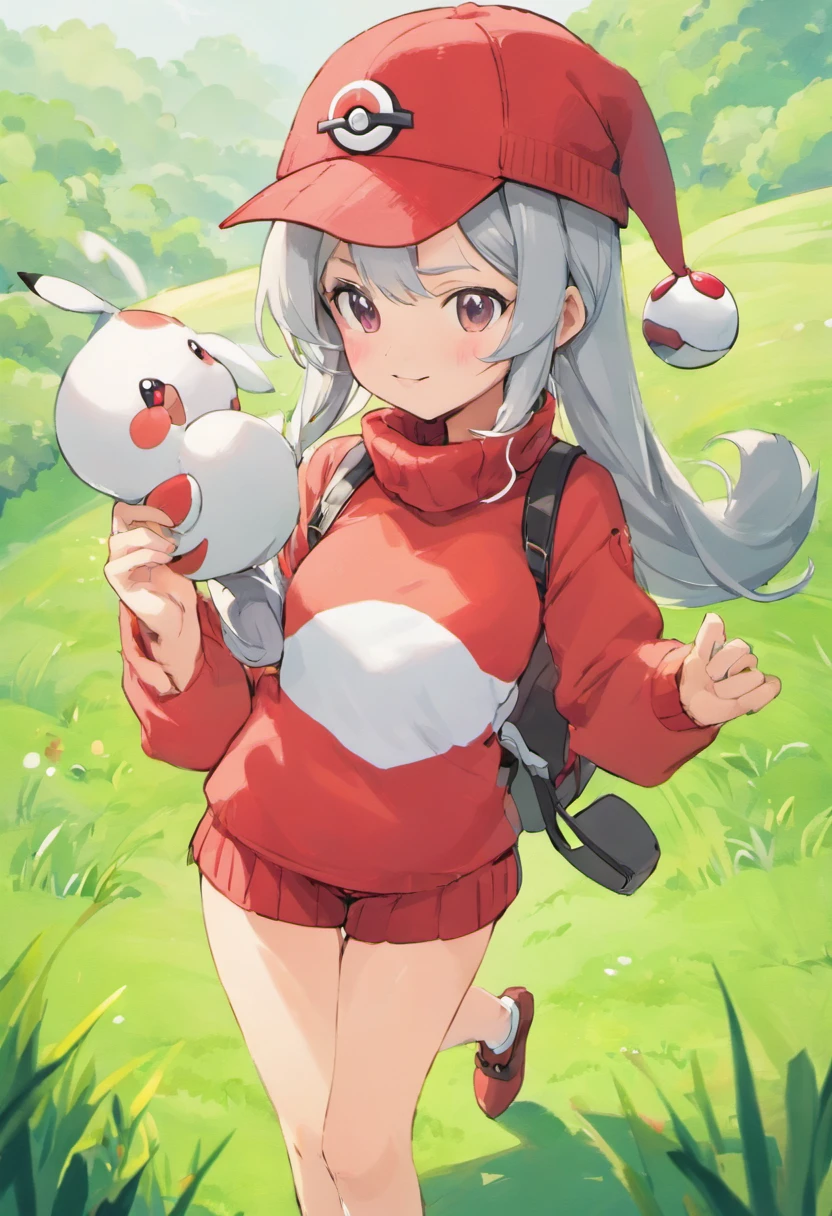 ​masterpiece, top-quality, Hi-Res, 1girl in,Schisol behind the girl, 独奏,Holding a monster pole in your hand, grey  eyes, white  hair, Red Cap, Beanie, Red knitted turtleneck with long sleeves,poneyTail, Short shorts, a belt, cowboy  shot, Grassy, deph of field, The best smile, Have a Poké Ball, put hands on the hip,