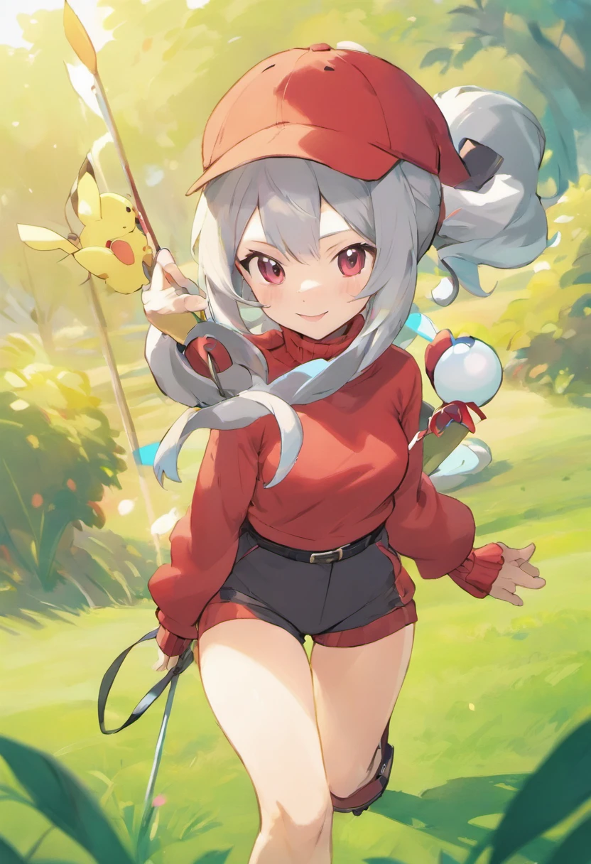 masterpiece, top-quality, Hi-Res, 1girl in,Schisol behind the girl, 独奏,Holding a monster pole in your hand, grey eyes, white hair, Red Cap, Beanie, Red knitted turtleneck with long sleeves,poneyTail, Short shorts, a belt, cowboy shot, Grassy, deph of field, The best smile, Have a Poké Ball, put hands on the hip,