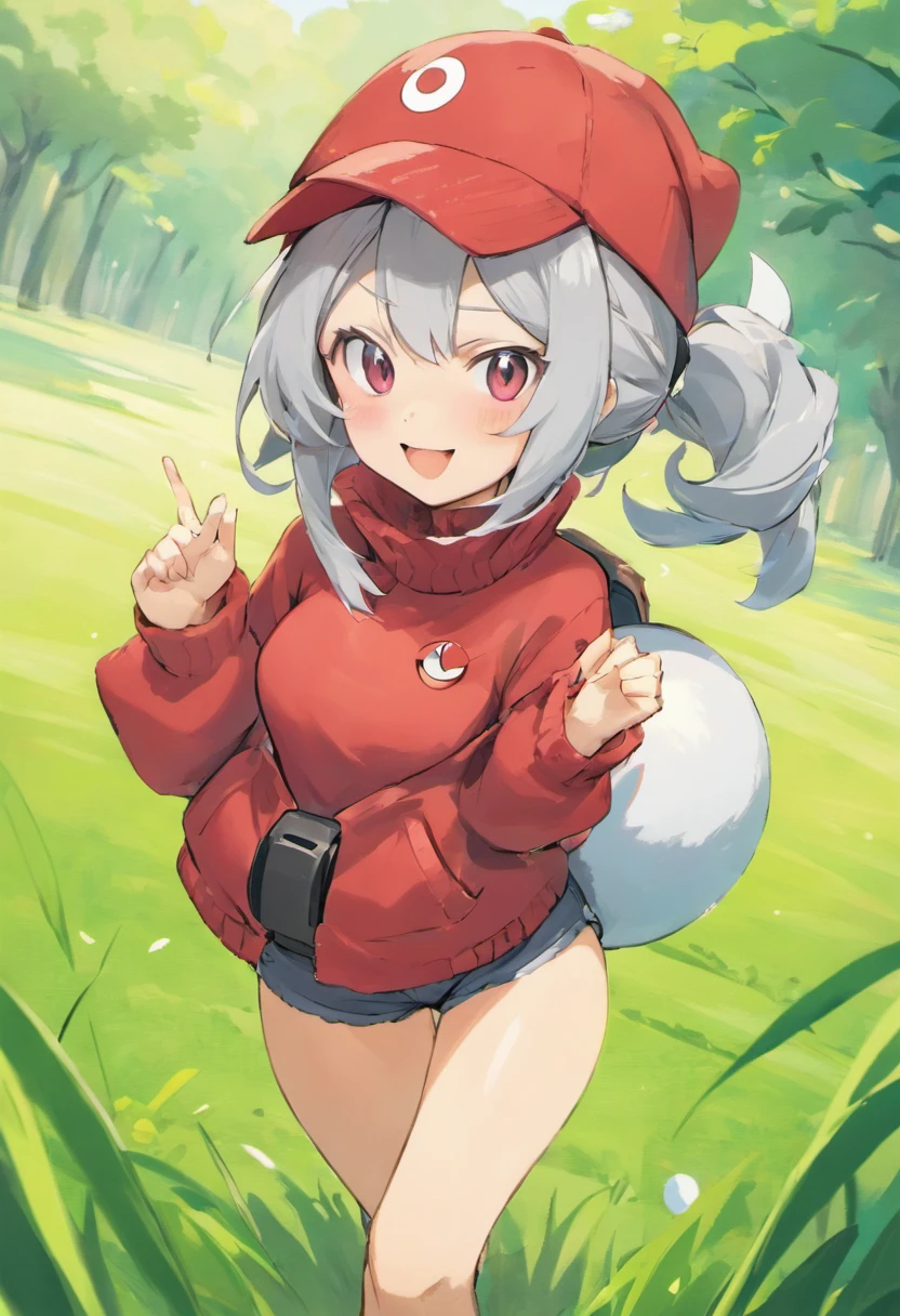 ​masterpiece, top-quality, Hi-Res, 1girl in,Schisol behind the girl, 独奏,Holding a monster pole in your hand, grey  eyes, white  hair, Red Cap, Beanie, Red knitted turtleneck with long sleeves,poneyTail, Short shorts, a belt, cowboy  shot, Grassy, deph of field, The best smile, Have a Poké Ball, put hands on the hip,