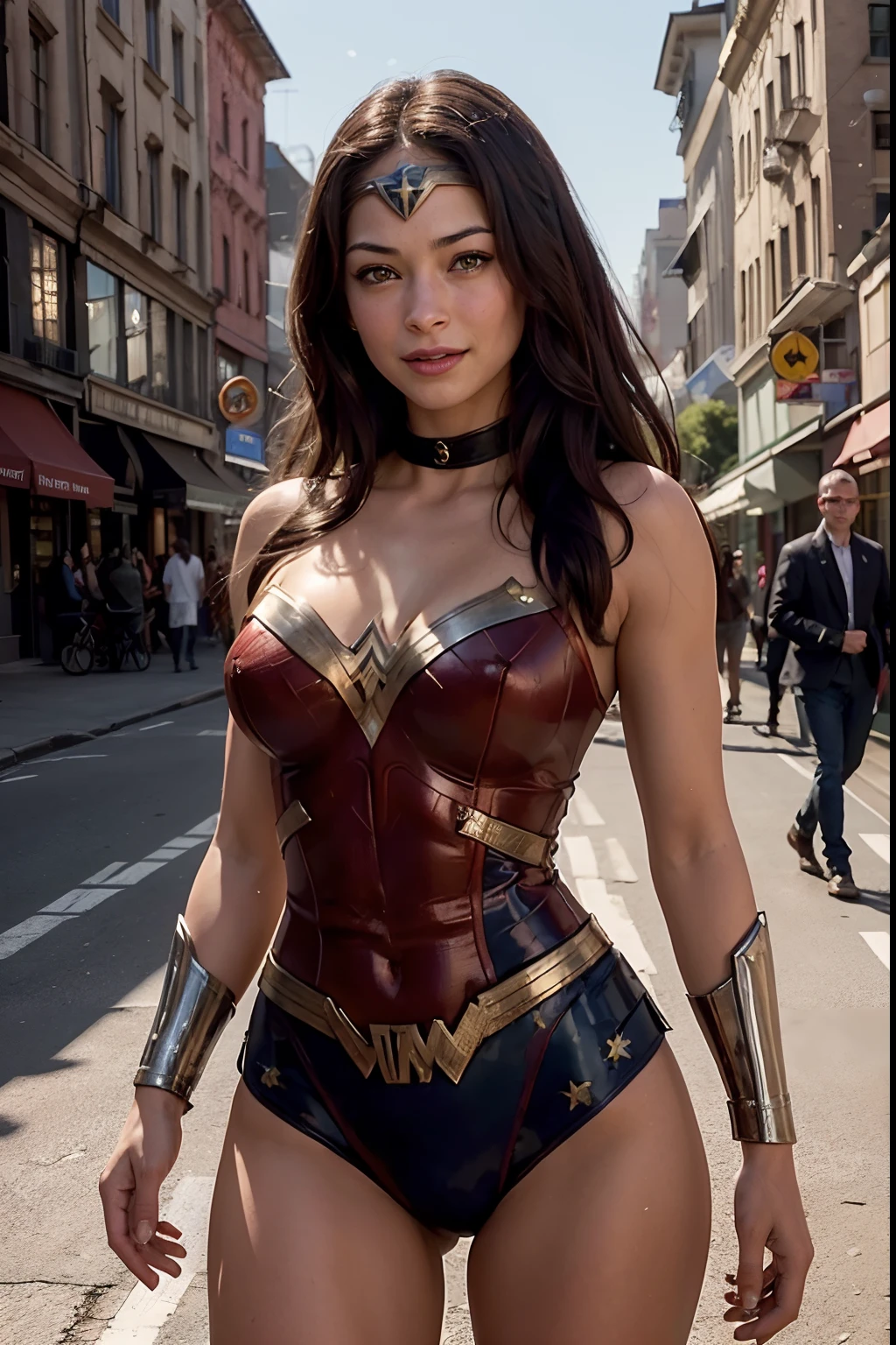 Photo portrait of Kristin Kreuk as Wonder Woman, wearing sexy Wonder Woman costume, dynamic pose, very beautiful, cleavage, (highly detailed skin: 1.2), (beautiful smile, beautiful face, nippin, camel toe), highly detailed skin, skin pores, (highly detailed face:1.1), (highly detailed eyes:1.1), realistic pupils, full face blush, full lips, (perfect anatomy:1.1), (perfect proportions:1.1), (photography:1.1), (photorealistic:1.1), volumetric lighting, dynamic lighting, real shadows, (highres:1.1), sharp focus, daylight, (realistic, hyperrealistic:1.4), intricate, high detail, dramatic, subsurface scattering, vivid, polished, sharpened, ((city background))