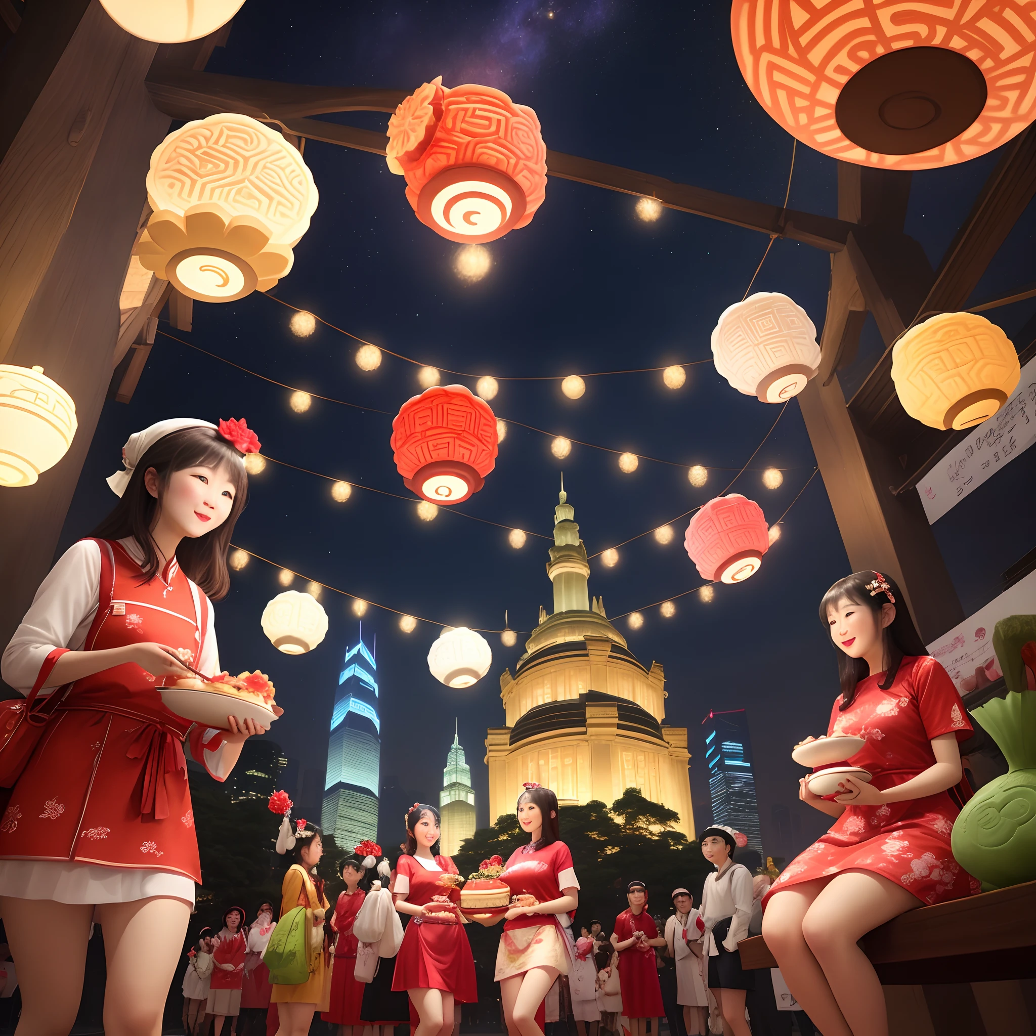 /imagine prompt: A lively June party takes place overnight in the backyard of a house, with a vast expanse of grass. The environment is depicted in ultra-realistic 8k, with all the details perfect and minutely represented. The tables are decorated with colorful towels, flags and lanterns illuminating the space. There is a bonfire in the center, surrounded by people dancing, wearing typical June costumes such as cheetah dresses, plaid shirts and straw hats. The typical food stalls are full of delicious delicacies, such as popcorn, pé-de-moleque, paçoca and quentão. The lighting is soft and warm, highlighting the festive and welcoming atmosphere. The image is a hyper-realistic digital painting, created with advanced digital painting techniques to faithfully reproduce the ultra-realistic details of the June party, people, clothes and decorative elements. --ar 16:9 --v 5