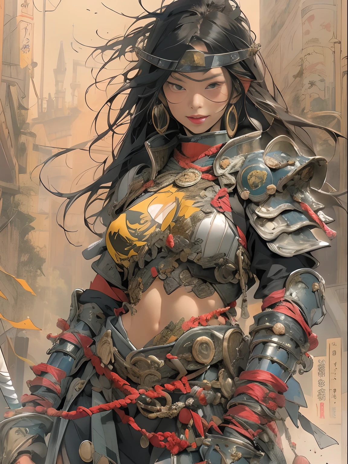 (((Woman))), (((best qualtiy))), (((tmasterpiece))), (((AS-Adult))), ((( Japanese ))), Looking up from your knees, Beautiful asian samurai woman with perfect body, Modern samurai, ((( Asian))), Wear gloves on your hands,The left arm is made of steel and metal tips,protector, Eyes are pulled, (( Appears under the chest )), (( small floss )), by Simon Bisley, Almost naked(by Simon Bisley)Castle City Wilderness,high-resolutionfor posters, Hair straightening, Minimum clothing, s Armor (Crazy clothes ), Full of tips and rivets, tribal tattoos, (((full body Esbian))), Straight brunette hair,Colored hair ends