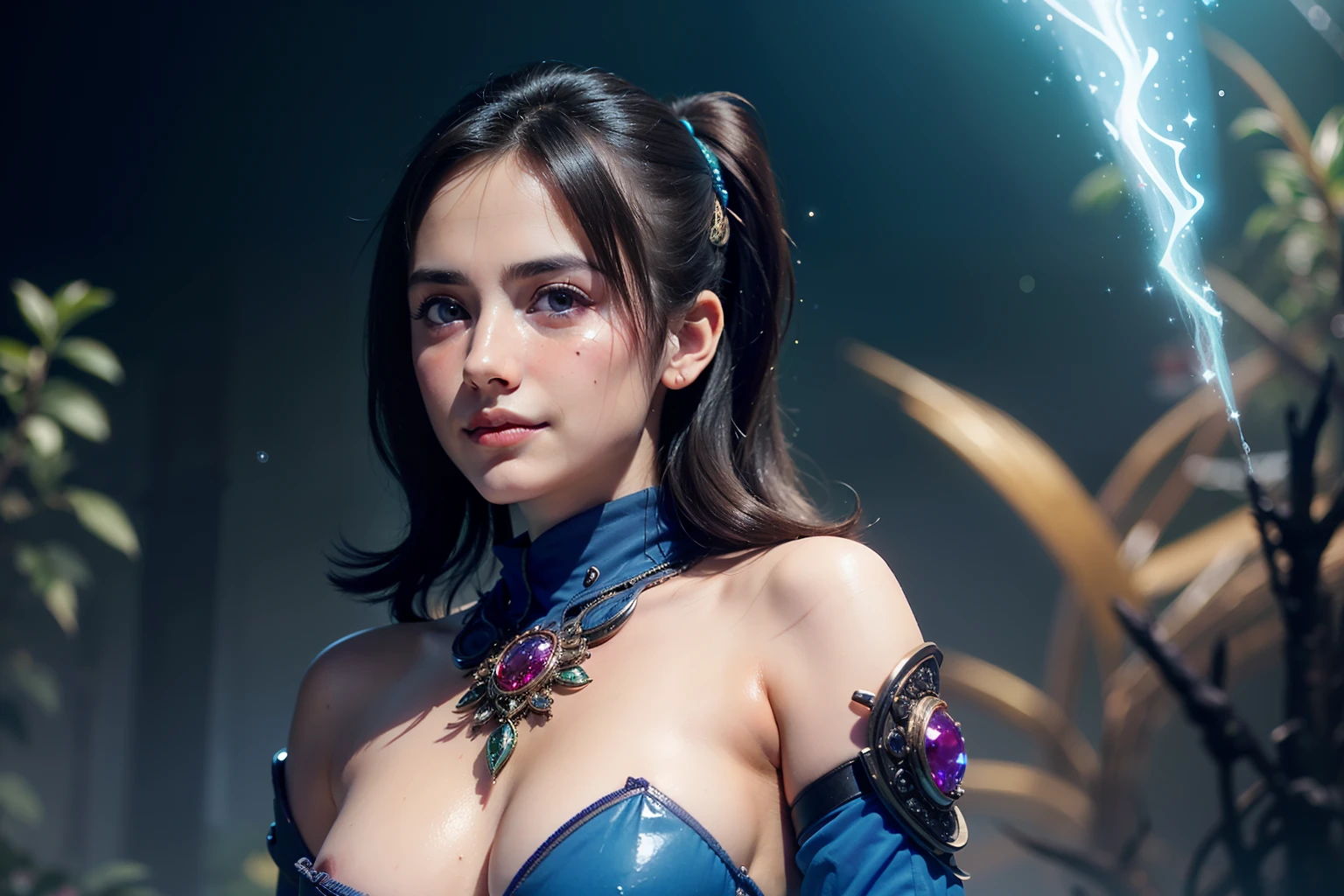 From Side, Photorealistic, Official art, Unity 8k壁纸, 8K Portrait, Best Quality, Very high resolution, (Incredibly beautiful nature background:1.6), One girl, One beautiful age italian girl, sixteen years old, Obscene, (Sexy and glamorous:1.1), (A coquettish expression:1.6), (small breasts with raised areolas,,,,,:1.6), Vulgarity, (seductively smiling:1.2), (full body1.0), (erotic posing:1.5), (Magic Attack Pose:1.6),(magical effects like sparkles or energy:1.5), (Electric shock from hands:1.1), (Detailed blue bodysuit with beautiful fractal or marble design:1.5), (Beautiful and d delicate ruby, topaz, emerald and sapphire jewelry:1.45), Beautiful seductive face, Portrait, (Thick eyebrows:1.2), (Big purple eyes:1.2), Beautiful eyes with fine purple symmetry, (ultradetailed eyes:1.4), (High resolution eyes:1.1), Intimate face, (ultra detailed skin texture:1.4), Perfect Anatomy, Thin, (Beautiful toned body:1.1), Hair Bow, (Moist skin:1.1), full of sweat, No makeup, dark circles, Good anatomy, Focus Face, goodlooking, (Emilia Clark:0.6) (Emma watson:0.3),(Jennifer Connelly:0.4), (sensual face:1.5), Elegant face, Nice, Dolce, Cyberpunk Sci-Fi, (Gauntlets with intricate and beautiful designs:1.2), Blurred background, Blurred foreground, depth of fields, (Motion Blur:1.1), Complex and colorful biomechanical bodysuit, Zentangle, mandalas, Entangled, (Small breasts:1.2), Sheer breast, (Beautiful :1.2), (NSFW:1.2), large hips, drivel, Juice stain, grabbing on breasts