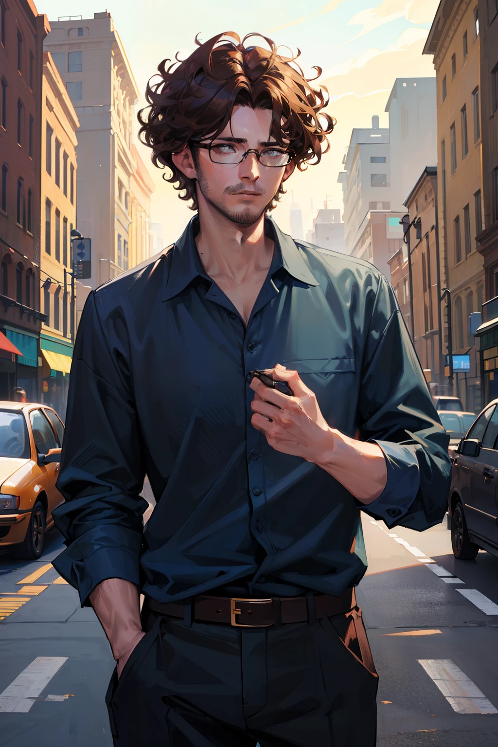 22 year old man, short hair, brown hair, prescription glasses, dark brown eyes, curly hair, dark blue shirt, dark blue wide pants,close image,face image,face close,((masterpiece)), ((high definition)),((4K))
