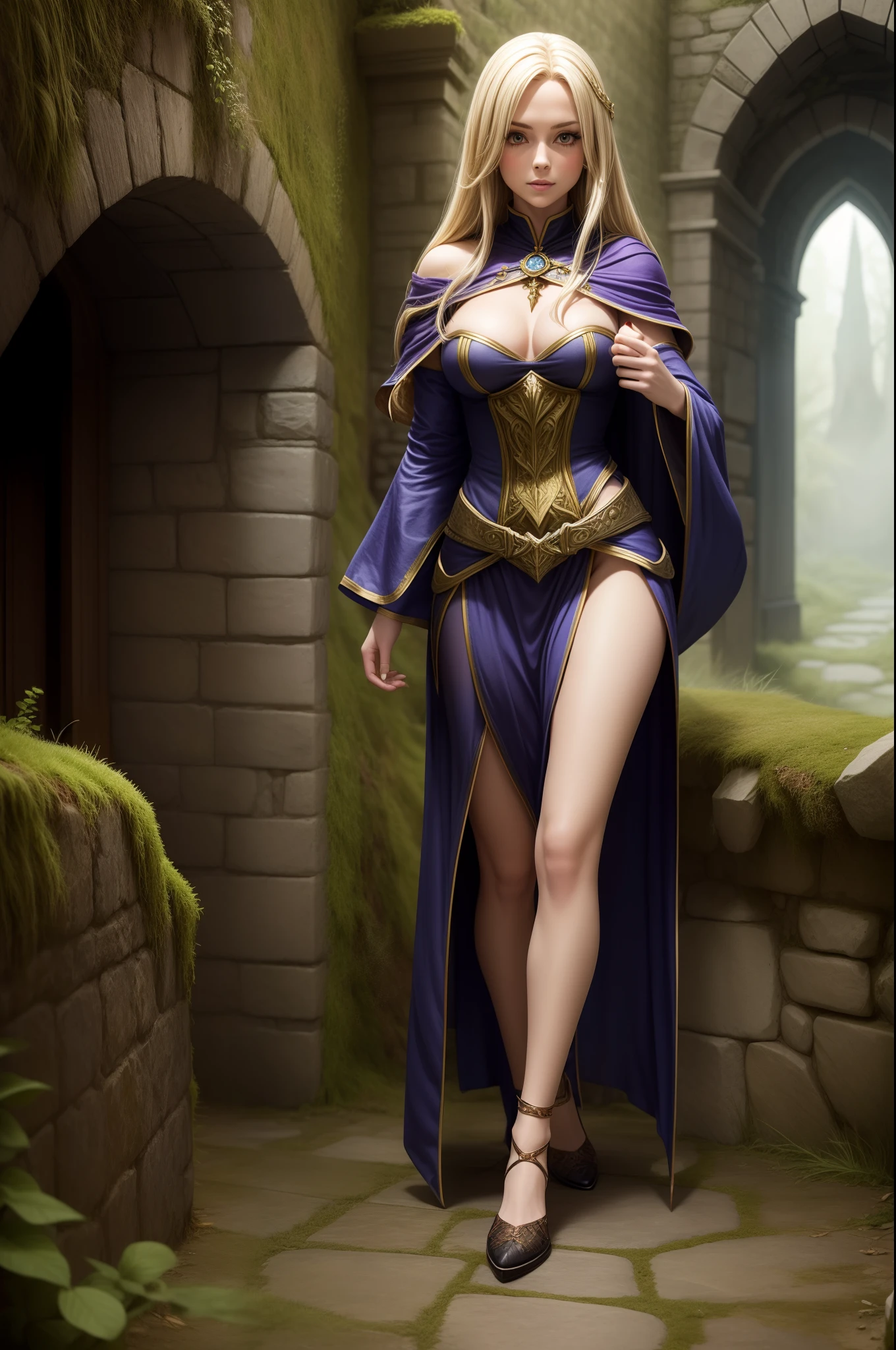 full body shot, 1girl, fantasy sorceress, mage robe, leg slit, blonde, legs, mossy stone walls in background,