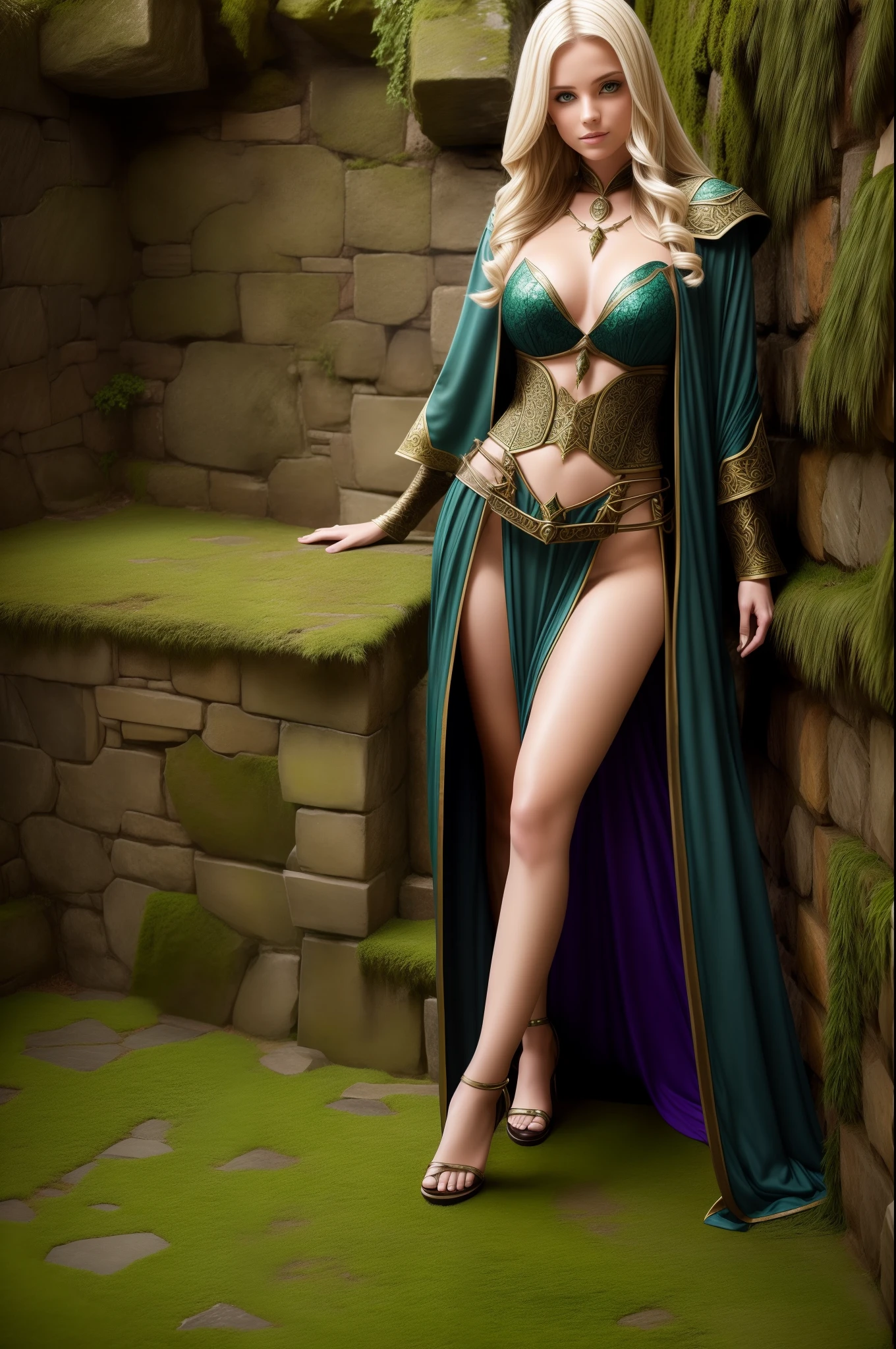 full body shot, 1girl, fantasy sorceress, mage robe, leg slit, blonde, legs, mossy stone walls in background,