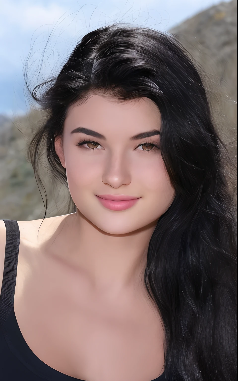 arafed woman with long black hair and a black tank top, black-hair pretty face, stunning closeupheadshot, irina nordsol kuzmina, black hair and brown eyes, 18 years old, violet myers, black hair and large eyes, closeup headshot, with long hair and piercing eyes, head shot, young woman with long dark hair, very pretty face, huge breasts, nude, hairy pussy