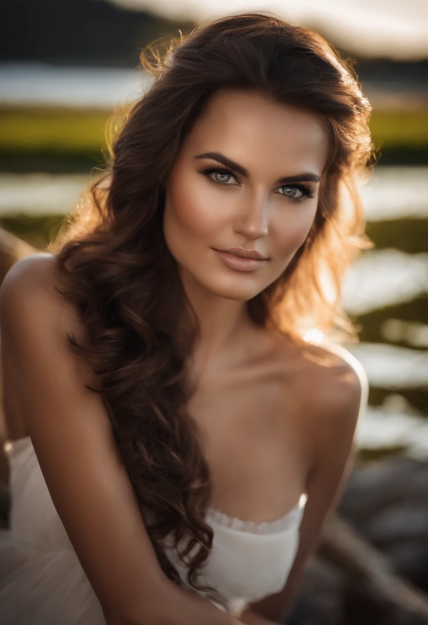 (Scharfer Fokus:1.2), Foto, attraktive junge persische frau, (Beautiful face:1.1), Detaillierte Augen, luscious lips, gelockte haare, (Katzenaugen-Make-up:0.85), (大眼睛:1.0), (toned body:1.2), (lockiges Haar:1.2), (big booty:1.4), tragend (brechen:1.2) auf einem (am see :1.2). (Stimmungsvolle Beleuchtung:1.2), Depth of field, bokeh, 4K, HDR. bis (Jakob C. Christensen:1.2|Jeremy Lipking:1.1).