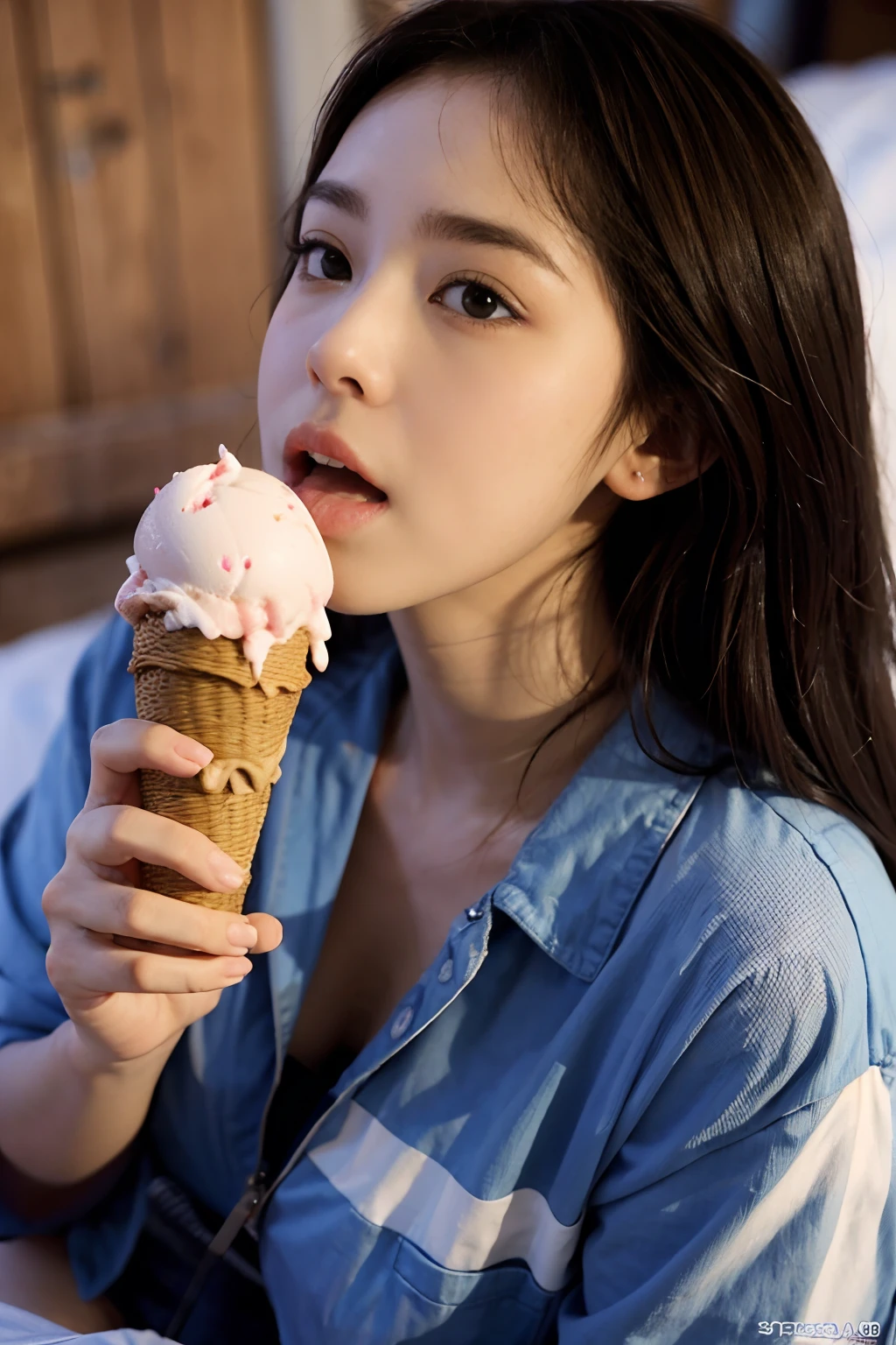 best quality, masterpiece, ultra high res, 8K, raw, (photo realistic:1.4), sharp focus, 1 girl, (detailed background:1.5), full body, day time, detailed clothes, crop_top, holding, food, tongue, eating, licking, ice cream, ice cream cone,