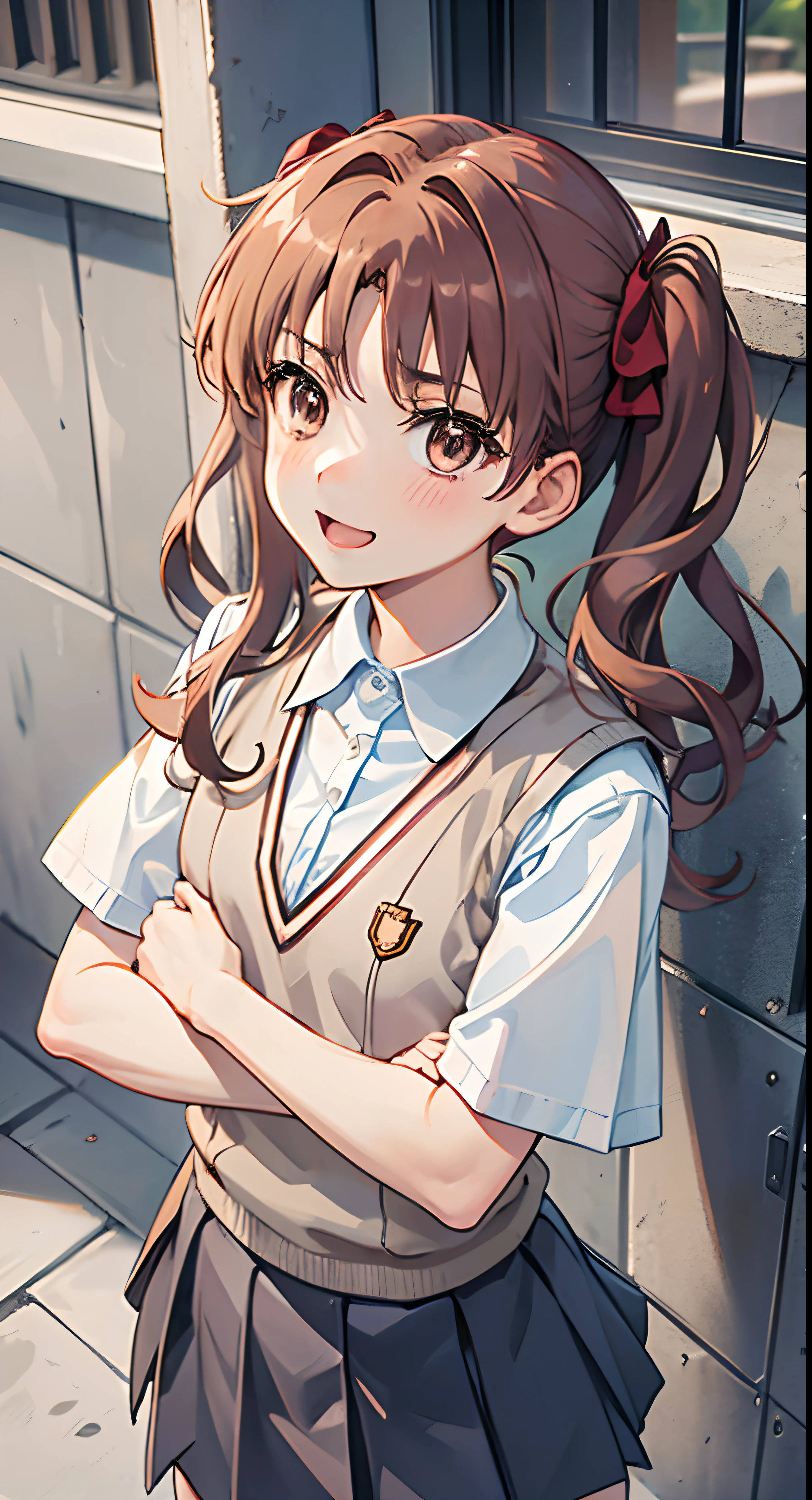 outdoors
1 girl,独奏,brown haired,Twin-tailed,cowboy  shot,is standing,skirt by the, Tokiwadai uniform, Sweater Vest,Brown-eyed,frowned upon, skiny, white  shirt,looking at the viewers, arms folded, From  above, look up to, Lean Back,A smile