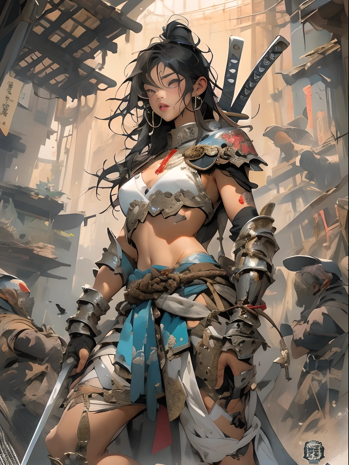 (((woman))), (((best qualityer))), (((tmasterpiece))), (((AS-Adult))), ((( Japanese ))), Look up from your knees, A beautiful asian samurai woman with perfect body, Modern samurai, ((( Asian))), Wear gloves on your hands，The left arm is made of steel and metal tips，Made of protective devices, The eyes are pulled, (( Appears below the breast )), (( Small dental floss )), Simon Bisley, Almost naked（Simon Bisley）Castle City Wilderness，For high-resolution posters, hair straight, Minimum clothing, armure (Crazy clothes ), Full of tips and rivets, tribal tattoos, (((full bodyesbian))), Straight brunette hair，Colored hair ends