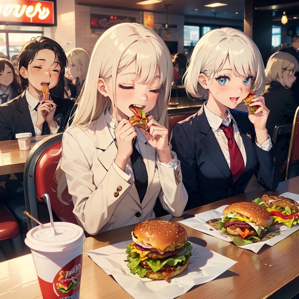 1 beauty, 18 high school girls, Watery Big Eyes,blazer and tie, (Happy smile),long eyelasher, Blushlush,Platinum Blonde Perm Hair,At the table in a fast food restaurant, (Close your eyes, Smile and open your mouth wide), ((Gnawing on a grabbed hamburger with both hands)),(Eat cleanly)