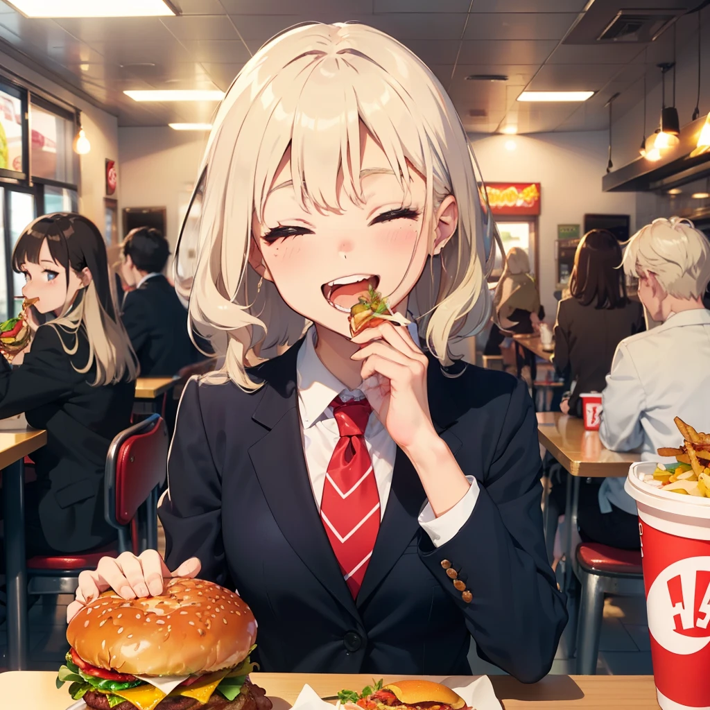 1 beauty, 18 high school girls, Watery Big Eyes,blazer and tie, (Happy smile),long eyelasher, Blushlush,Platinum Blonde Perm Hair,At the table in a fast food restaurant, (Close your eyes, Smile and open your mouth wide), ((Gnawing on a grabbed hamburger with both hands)),(Eat cleanly)