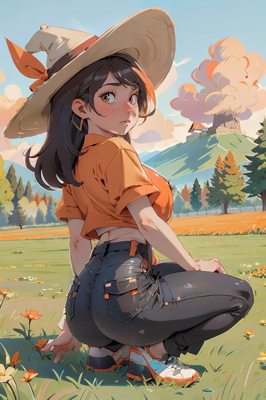 1girl, Sexy, Curvy ass, Squatting, in a field, In the grass, Lowered black pants, Orange checkered shirt, wide hat, Sunny day, genitalia, clitoris, Labia, higly detailed, писает, 独奏, Urine stream,