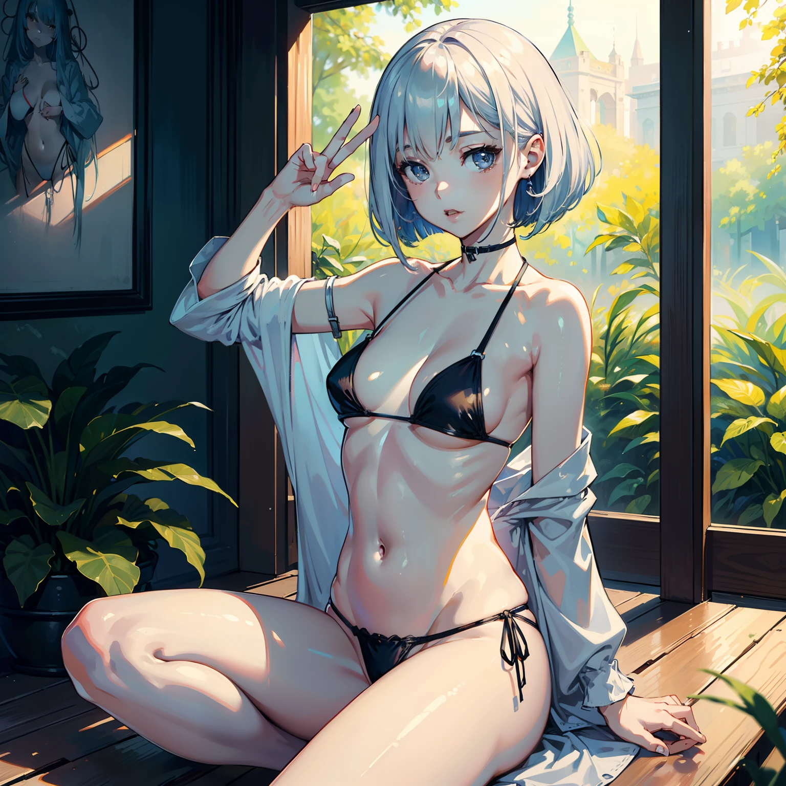 ((Best Quality)), ((Masterpiece)), (High Definition:1.3), Beautiful,(Masterpiece), Realistic, Beautiful photo,　1girl, Slender small breasts、Peace Sign Pose、Big mouth、Soft silvery medium bob、Cute Beautiful Girl、Small Bikini、No clothes、ruins