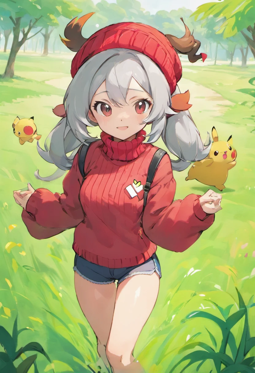 ​masterpiece, top-quality, Hi-Res, 1womanl, 独奏,Holding a Monster Pole in Your Hands, grey  eyes, white  hair, red headwear, Beanie, Red knitted turtleneck with long sleeves,poneyTail, Short shorts, a belt, cowboy  shot, Grassy, deph of field, The best smile, Have a Poké Ball, put hands on the hip,