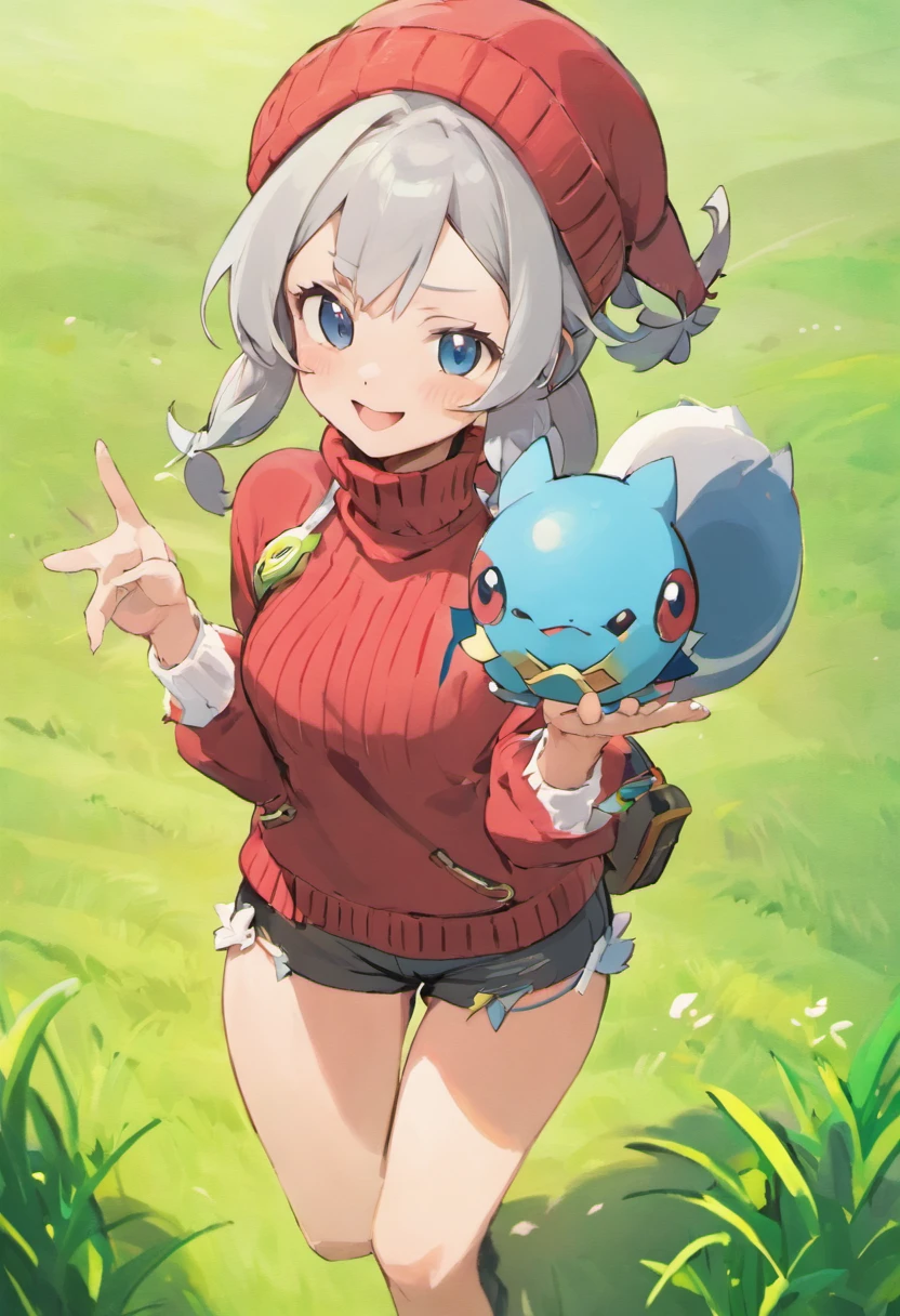 masterpiece, top-quality, Hi-Res, 1womanl, 独奏,Holding a Monster Pole in Your Hands, grey eyes, white hair, red headwear, Beanie, Red knitted turtleneck with long sleeves,poneyTail, Short shorts, a belt, cowboy shot, Grassy, deph of field, The best smile, Have a Poké Ball, put hands on the hip,