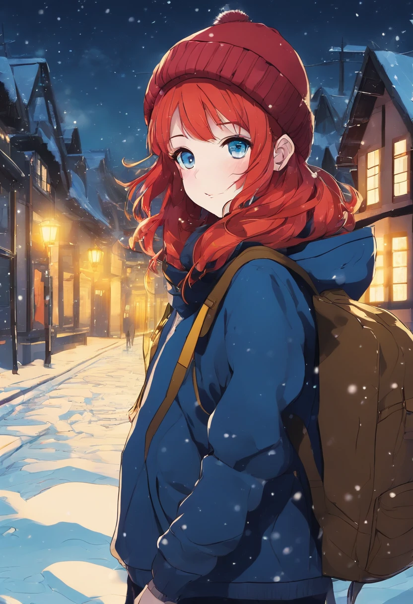 4k master piece, high detail, night time, dark, exterior of a red haired girl with blue eyes, wearing a dark blue sweater and beanie, with black tights and wearing a yellow backpack, walking through an empty snowy village at night, dark, scary, foggy and snowing, dramatic framing