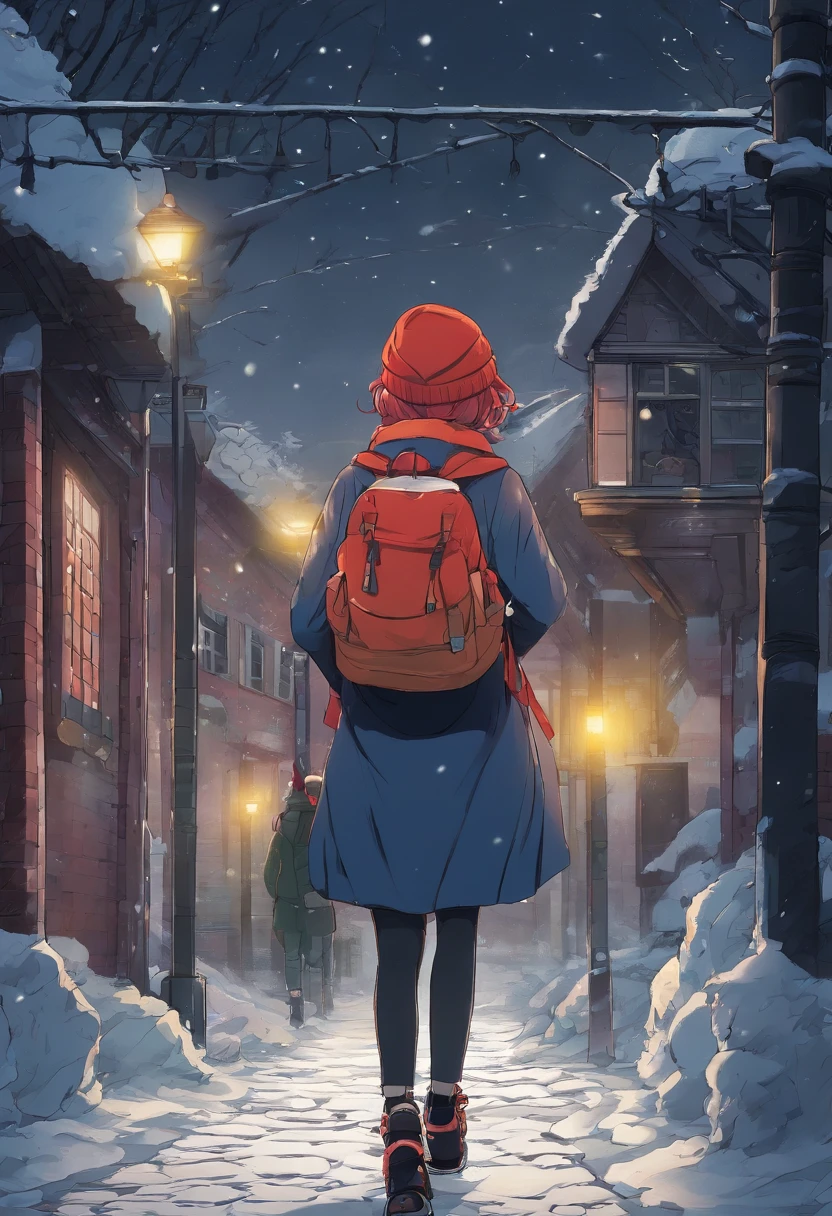 4k master piece, high detail, night time, dark, exterior of a red haired girl with blue eyes, wearing a dark blue sweater and beanie, with black tights and wearing a yellow backpack, walking through an empty snowy village at night, dark, scary, foggy and snowing, dramatic framing