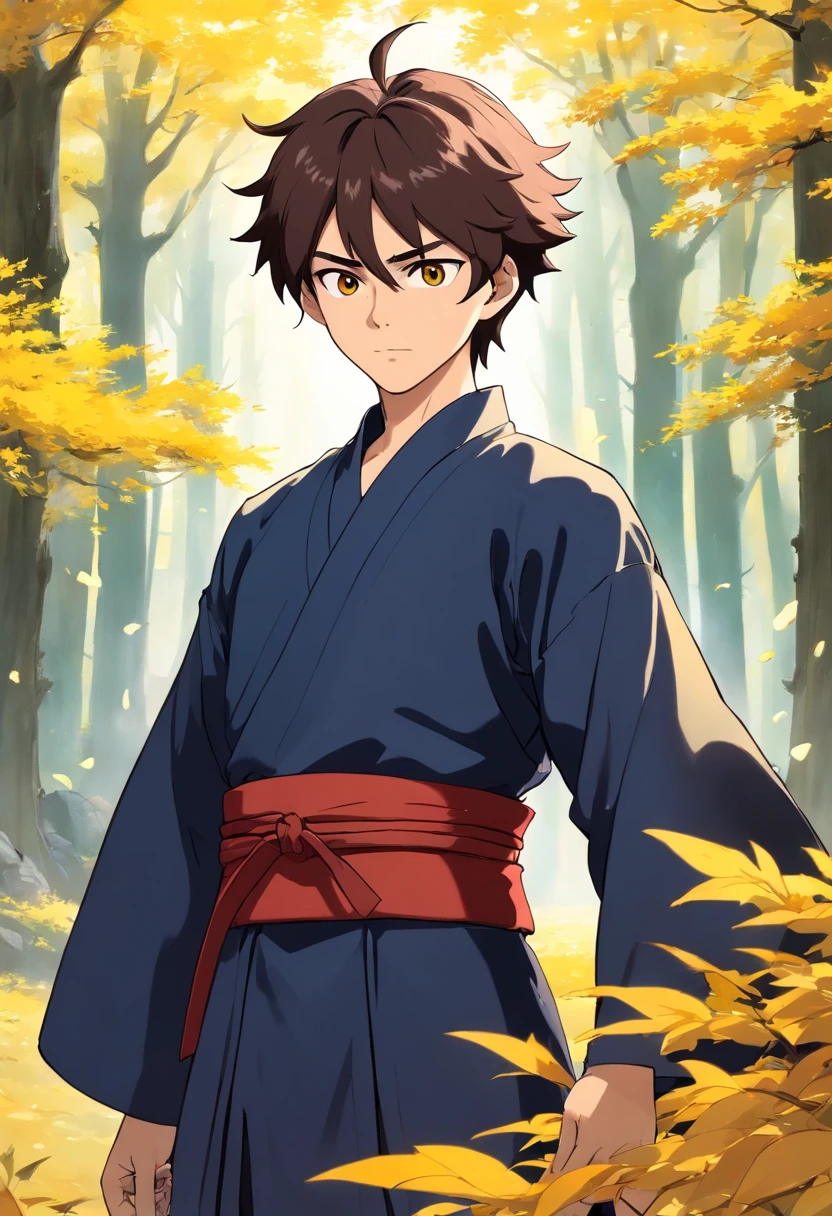Realistic image of a handsome man, forte, cabelos longos e vermelhos, olhos azuis brilhantes, arte em estilo anime, vestido com trajes pretos estilo samurai com uma blusa preta por baixo, sorriso debochado, fluxos de sangue envolta dele, campo de batalha com escombros, yellow trees in background