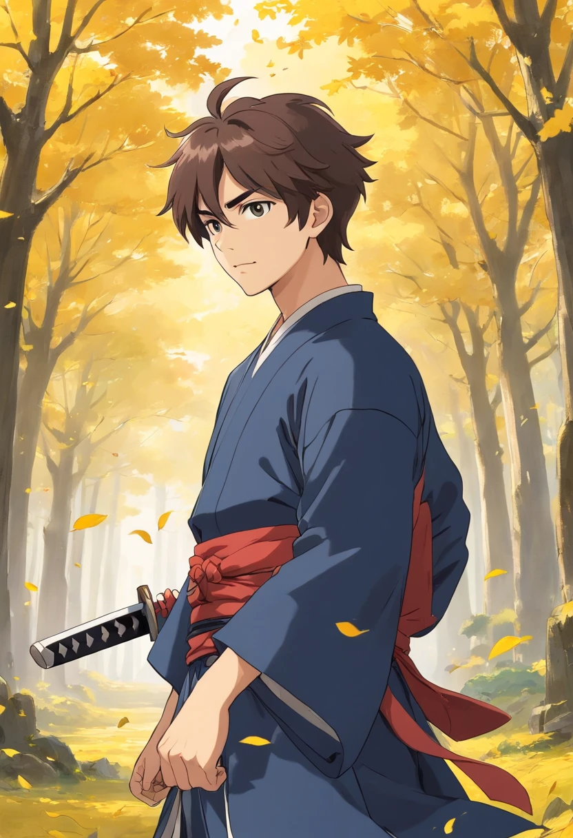 Realistic image of a handsome man, forte, cabelos longos e vermelhos, olhos azuis brilhantes, arte em estilo anime, vestido com trajes pretos estilo samurai com uma blusa preta por baixo, sorriso debochado, fluxos de sangue envolta dele, campo de batalha com escombros, yellow trees in background