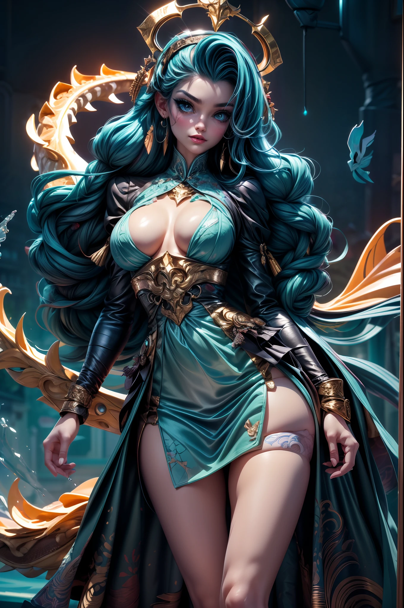 *8k Masterpiece, Top Quality, Best Quality, Official Art, (Beauty and Aesthetics: 1.3), Extremely Detailed, (Fractal Art: 1.3), Colorful, Ice and Chinese Dragon, Serpentine Body, Claw, Cyan and 1 Woman, Han Woman's Media, Hanfu, Cyan