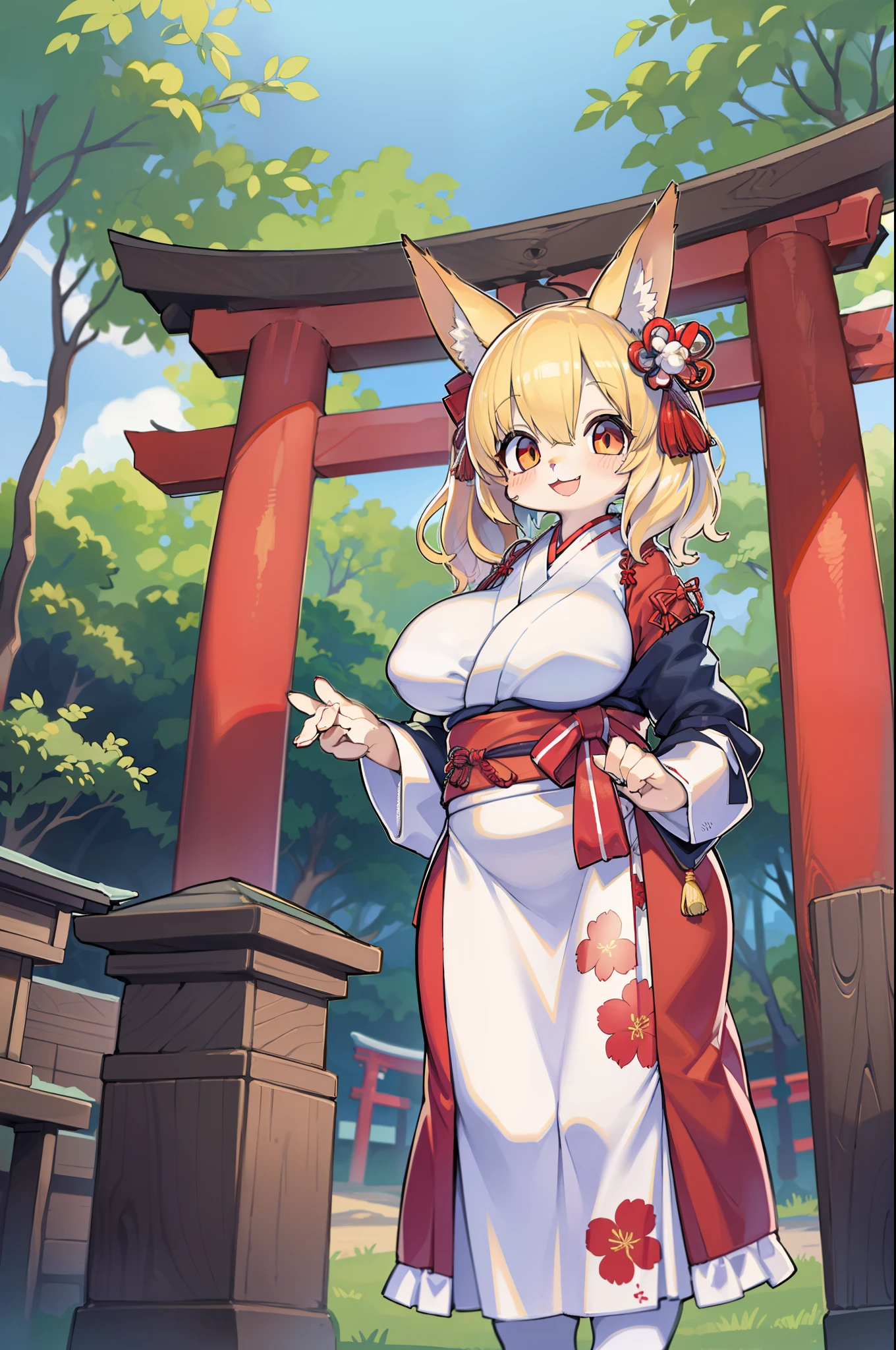 Fox Woman、body covered with fur、huge-breasted、kawaii、shrine maiden、Japan white clothes,Red Hakama、torii gate,summer day、From below、Wide Shot、Very Wide Shot、A big smile