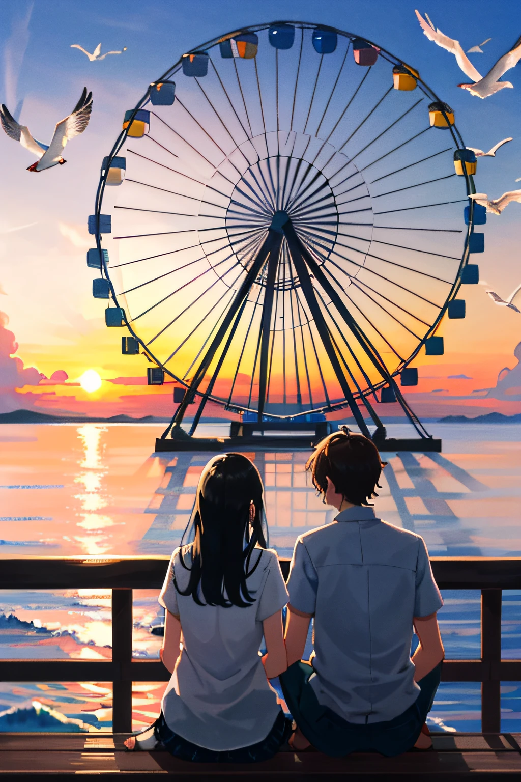 A couple sitting on a Ferris wheel，You can see the bustling buildings of the whole city，Under the Ferris wheel is the sparkling sea，The sunset is reflected on the sea，On the opposite side of the sea is a bridge across the sea，There are seagulls flying in the air，