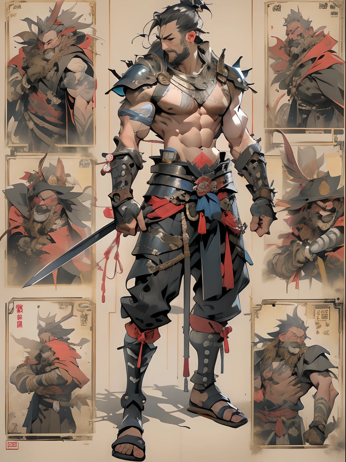 (((mtu))), (((best qualityer))), (((tmasterpiece))), (((AS-Adult))), ((( Japanese ))), Look up from your knees, Handsome Asian samurai，perfect body figure, Modern samurai, ((( Asian))), Wear gloves on your hands，The left arm is made of steel and metal tips，Made of protective devices, The eyes are pulled, (( Appears below the chest )), (( Small dental floss )), Simon Bisley, Almost naked（Simon Bisley）Castle City Wilderness，For high-resolution posters, hair straight, Minimum clothing, armure (Crazy clothes ), Full of tips and rivets, tribal tattoos, (((full bodyesbian))), Straight brunette hair，Colored hair ends