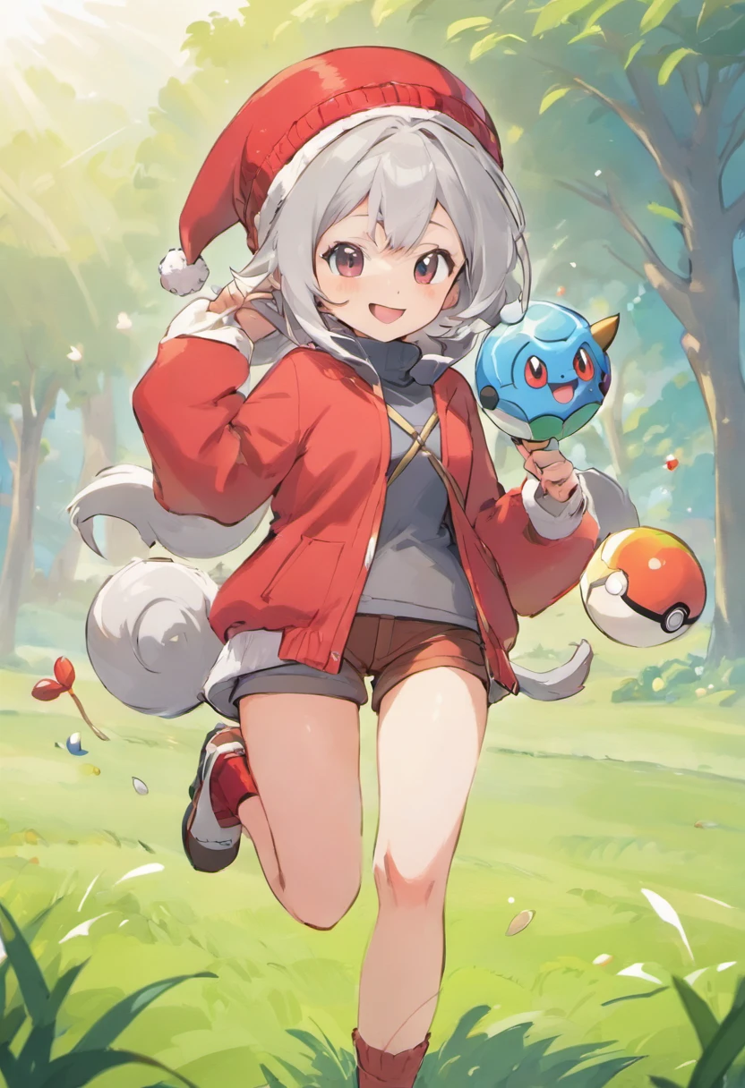 Hi-Res, 1womanl, 独奏,Holding a Monster Pole in Your Hands, grey eyes, white hair, red headwear, Beanie, Red knitted turtleneck with long sleeves,poneyTail, Short shorts, a belt, cowboy shot, Grassy, deph of field, The best smile, Have a Poké Ball, put hands on the hip