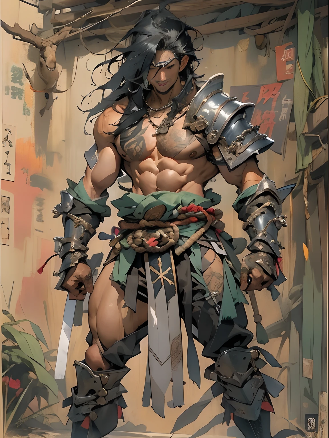 (((mtu))), (((best qualityer))), (((tmasterpiece))), (((AS-Adult))), ((( Japanese ))), Look up from your knees, Handsome Asian samurai,perfect body figure, Modern samurai, ((( Asian))), Wear gloves on your hands,The left arm is made of steel and metal tips,Made of protective devices, The eyes are pulled, (( Appears below the chest )), (( Small dental floss )), Simon Bisley, Almost naked(Simon Bisley)Castle City Wilderness,For high-resolution posters, hair straight, Minimum clothing, armure (Crazy clothes ), Full of tips and rivets, tribal tattoos, (((full bodyesbian))), Straight brunette hair,Colored hair ends