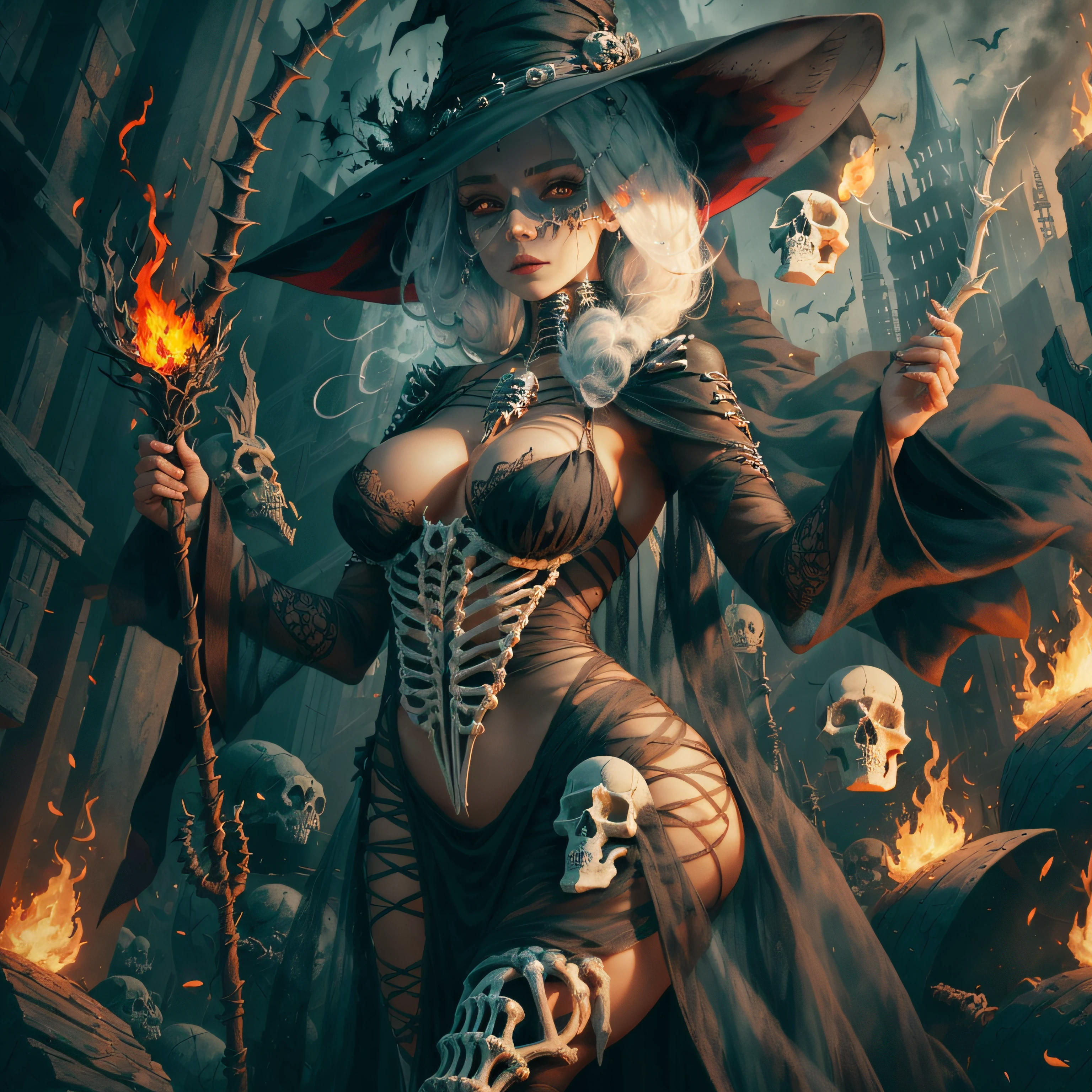 masterpiece, best quality, detailed,smoke, witch and skulls