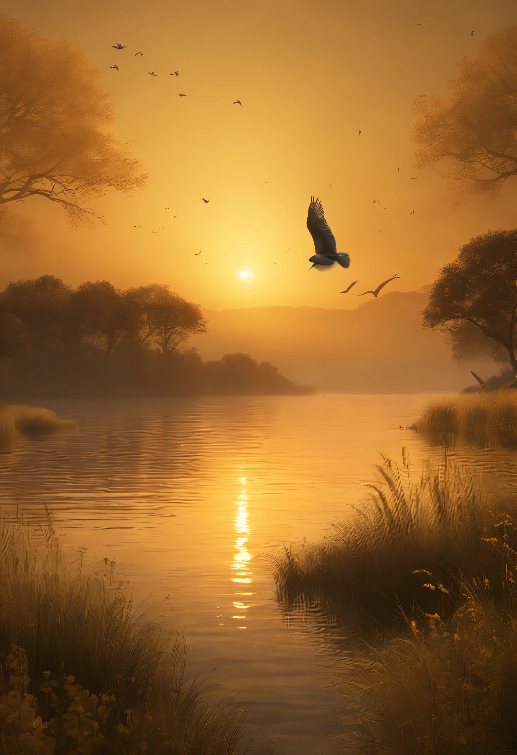 Peaceful scenery at dawn, Soft gold tones depict the horizon where birds sing, Image in 2560 x 1440 pixel format