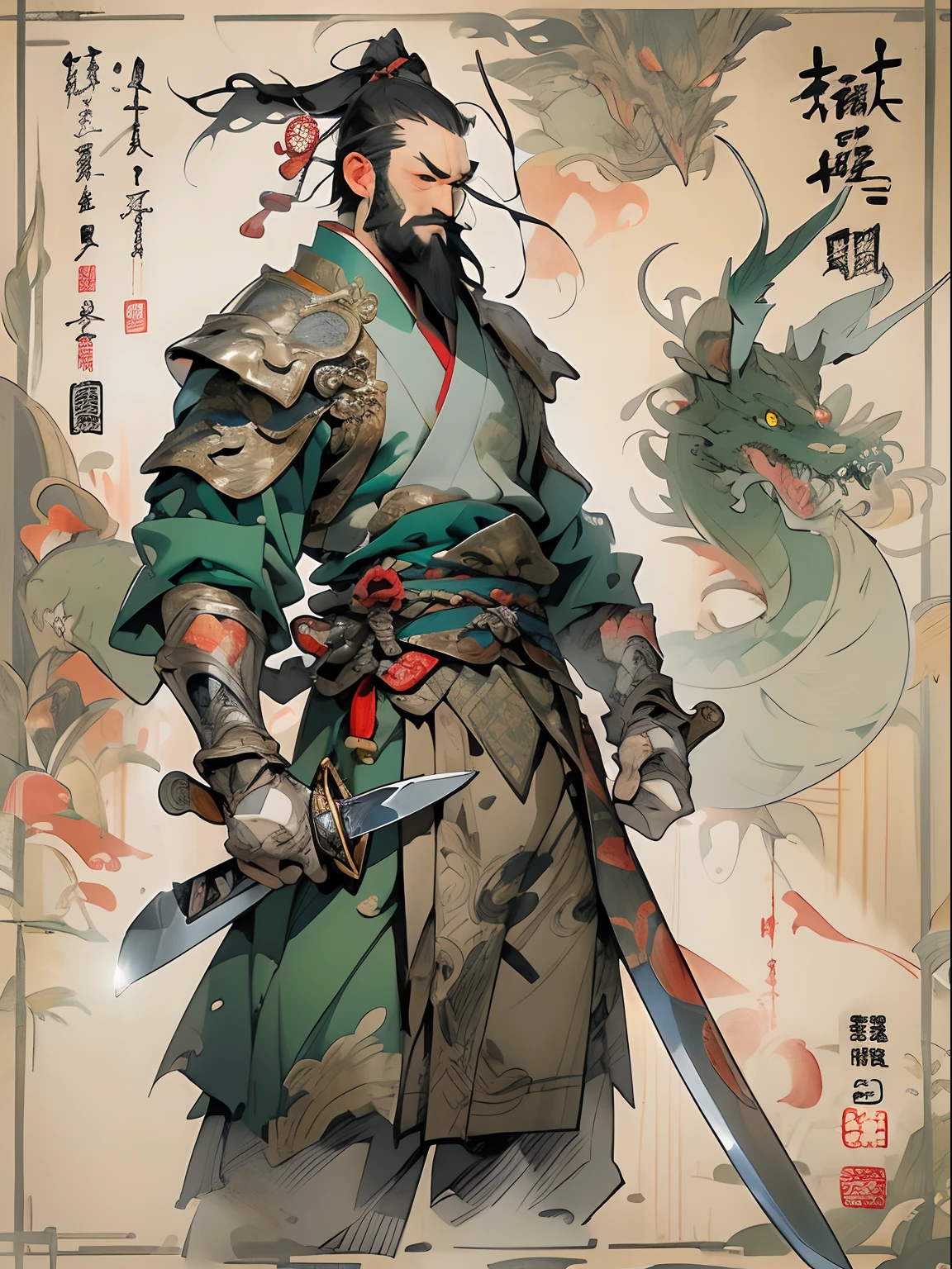 (((China-style,Ink painting method,Half-length portrait,Intense color,Han dynasty, China,Hanfu,Armor,Guan yu,Guan Yunchang,of a guy,Ruddy killing square face,Hold the Blue Dragon Moon Knife in his right hand,Stroke your beard with your left hand,Long hair,petty eyes,Green robe))), (((best qualityer))), (((tmasterpiece))), (((AS-Adult))), ((( Japanese ))), Look up from your knees, Handsome Asian samurai,perfect body figure, Modern samurai, ((( Asian))), Wear gloves on your hands,The left arm is made of steel and metal tips,Made of protective devices, The eyes are pulled, (( Appears below the chest )), (( Small dental floss )), Simon Bisley, Almost naked(Simon Bisley)Castle City Wilderness,For high-resolution posters, hair straight, Minimum clothing, armure (Crazy clothes ), Full of tips and rivets, tribal tattoos, (((full bodyesbian))), Straight brunette hair,Colored hair ends