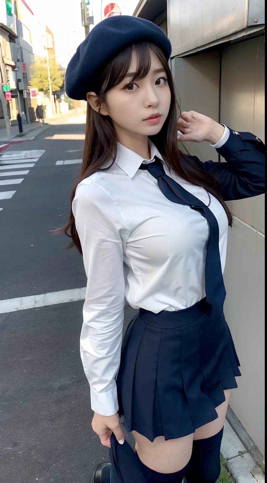 one japanese girl, woman in her 20s, perfect figure, Transparency, big breasts, thick thighs, navy blue tie, navy blue mini pleated skirt, light blue shirt, not a figure, real women, stand in front of a concrete wall, show panties, 
