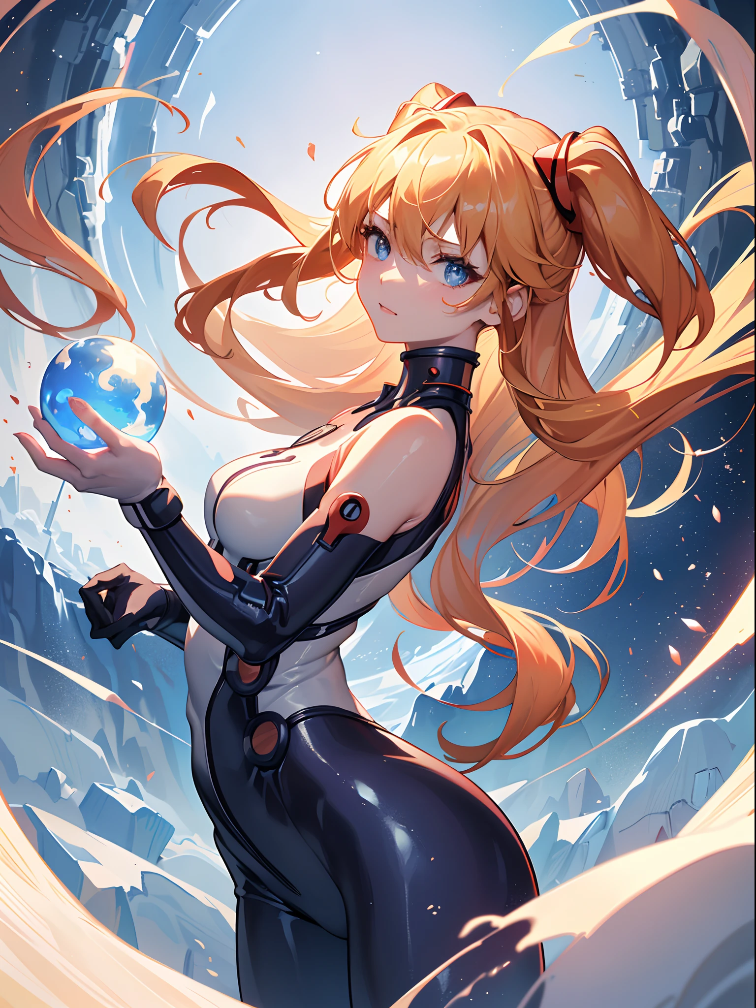 ((souryuu asuka langley,plugsuit1.2,dull Blonde)),(Glowing eyes:1.233), diffuse reflection, high-profile, majestic,(Tsundere,blushing,)(Beautiful and detailed eyes:1.3),1girll,Solo,(Masterpiece,Best quality, offcial art,Target the audience, Beautiful and aesthetic:1.3),(超高分辨率,Golden ratio, (4K), looking from above,((blue earth on the background,)),Floating, (photon maping, Radio City, Physically-based rendering,automatic white balance),Amazing,Sharp focus,Rich background, (((highdetailskin,)))Dynamic lighting,Intricately detailed clothing,Glowing eyes,Watery eyes,(masterpiece sidelighting),(a beauty girl,The sheen),[[Delicate fingers and hands:0.55]::0.85],(Detail fingers),((((BREAK,Design an image with a fisheye lens effect, capturing a wide field of view with a distinctive, curved perspective.BREAK,)))Superior photographic quality,((unbelievable Ridiculous)),((extremely_Detailed_Eyes_and_face)),(Disheveled hair),Movie girl,