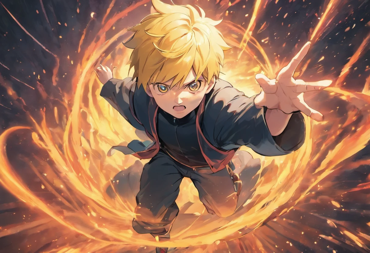 boruto uzumaki on his full power fighting against minato namikaze full power while they are both having a rasengan in the hand in a black pitch and the camera is in third person