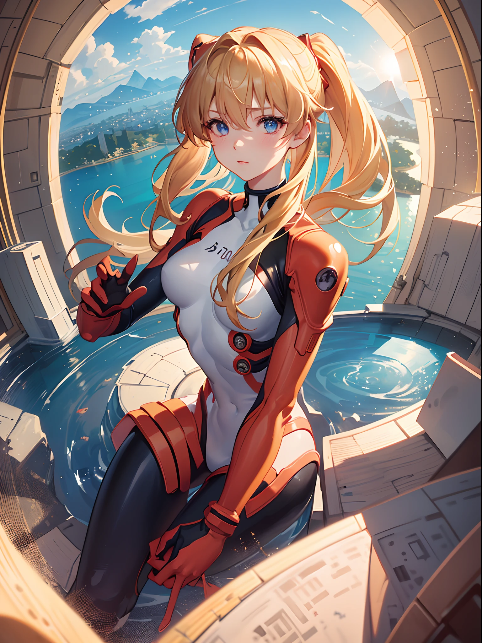 ((souryuu asuka langley,bodysuit,plugsuit1.2,dull Blonde)),(Glowing eyes:1.233), diffuse reflection, high-profile, majestic,(Tsundere,blushing,)(Beautiful and detailed eyes:1.3),1girll,Solo,(Masterpiece,Best quality, offcial art,Target the audience, Beautiful and aesthetic:1.3),(超高分辨率,Golden ratio, (4K), looking from above,((blue earth on the background,)),Floating, (photon maping, Radio City, Physically-based rendering,automatic white balance),Amazing,Sharp focus,Rich background, (((highdetailskin,)))Dynamic lighting,Intricately detailed clothing,Glowing eyes,Watery eyes,(masterpiece sidelighting),(a beauty girl,The sheen),[[Delicate fingers and hands:0.55]::0.85],(Detail fingers),((((BREAK,Design an image with a fisheye lens effect, capturing a wide field of view with a distinctive, curved perspective.BREAK,)))Superior photographic quality,((unbelievable Ridiculous)),((extremely_Detailed_Eyes_and_face)),(Disheveled hair),Movie girl,