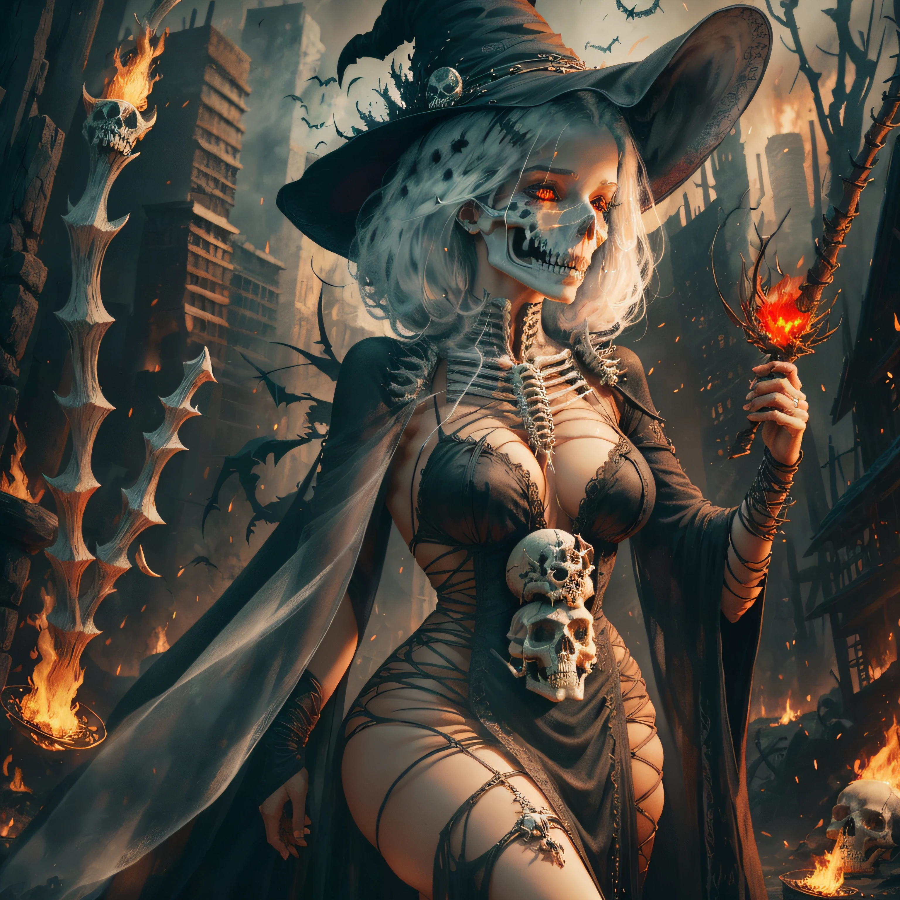 masterpiece, best quality, detailed,smoke, witch and skulls