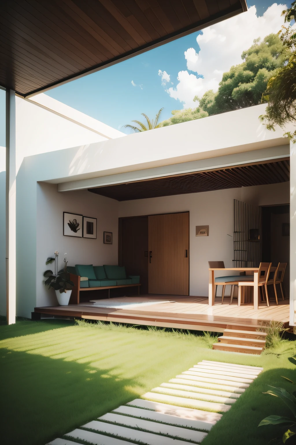 casa simples e moderna, com um jardim com flores e uma mulher de meia idade na frente