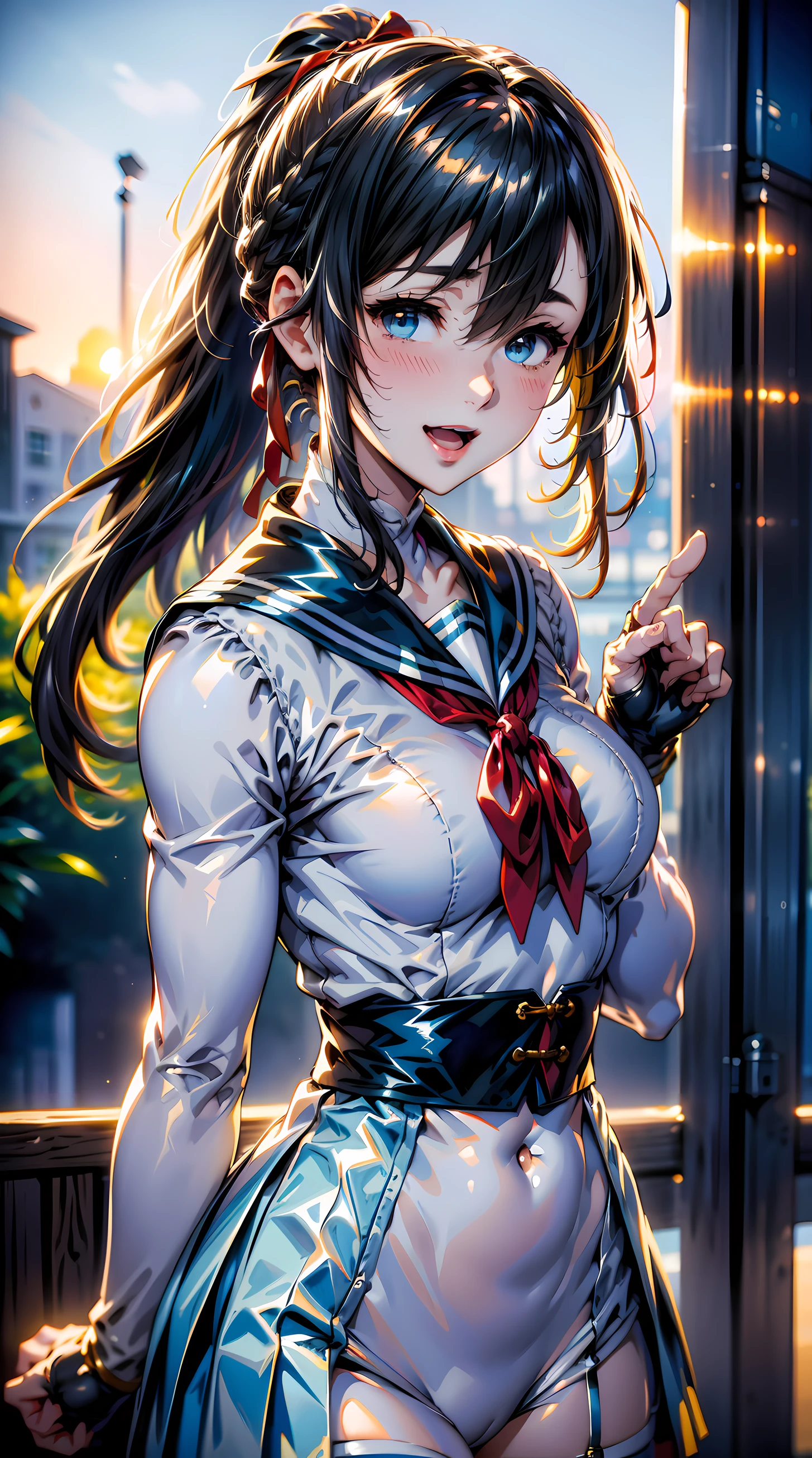 3d animation, (1girl:1.3, solo), (japanese school girl), (upper body:1.3), (at telephone box under Fukk-Moon:1.2), (random fighting posing:1.3), highly detailed eyes and pupils, realistic skin, ((attractive body, small breast:1.38, thin waist:1.15)), medium-length thin hair, ((bobbles ponytail:1.3), (shiny-black hair:1.3), extremely detailed hair, delicate sexy face, sensual gaze, shiny lips, BREAK, (white leotard:1.3), (magical girl costume:1.2), (blue Sailor collar:1.3), (red ribbon:1.4), (blue pleated skirt:1.3), (micro-skirt:1.3), (no_sleeve:1.2), (long_glove:1.2), (white thighhighs:1.2),(long_boots:1.2), detailed clothes, BREAK, (outdoor:1.2), (blurry background:1.25, simple background, detailed background), (under sunset:1.37), BREAK, ((realistic, super realistic, realism, realistic detail)), perfect anatomy, perfect proportion, hyper sharp image, (attractive emotion, seductive smile:1.2, happy:1.2, blush:1.2, :d:1.2, :p:1.2), ((4fingers and thumb:1.2)), perfect human hands, wind, BREAK, (Masterpiece, best quality, photorealistic, highres, photography, :1.3), ultra-detailed, sharp focus, professional photo, commercial photo, shadows, contrast, clear blue sky, constellations, peaceful, serene, quiet, tranquil, remote, secluded, adventurous, exploration, escape, independence, survival, resourcefulness, challenge, perseverance, stamina, endurance, observation, intuition, adaptability, creativity, imagination, artistry, inspiration, beauty, awe, wonder, gratitude, appreciation, relaxation, enjoyment, rejuvenation, mindfulness, awareness, connection, harmony, balance, texture, detail, realism, depth, perspective, composition, color, light, shadow, reflection, refraction, tone, contrast, foreground, middle ground, background, naturalistic, figurative, representational, impressionistic, expressionistic, abstract, innovative, experimental, unique