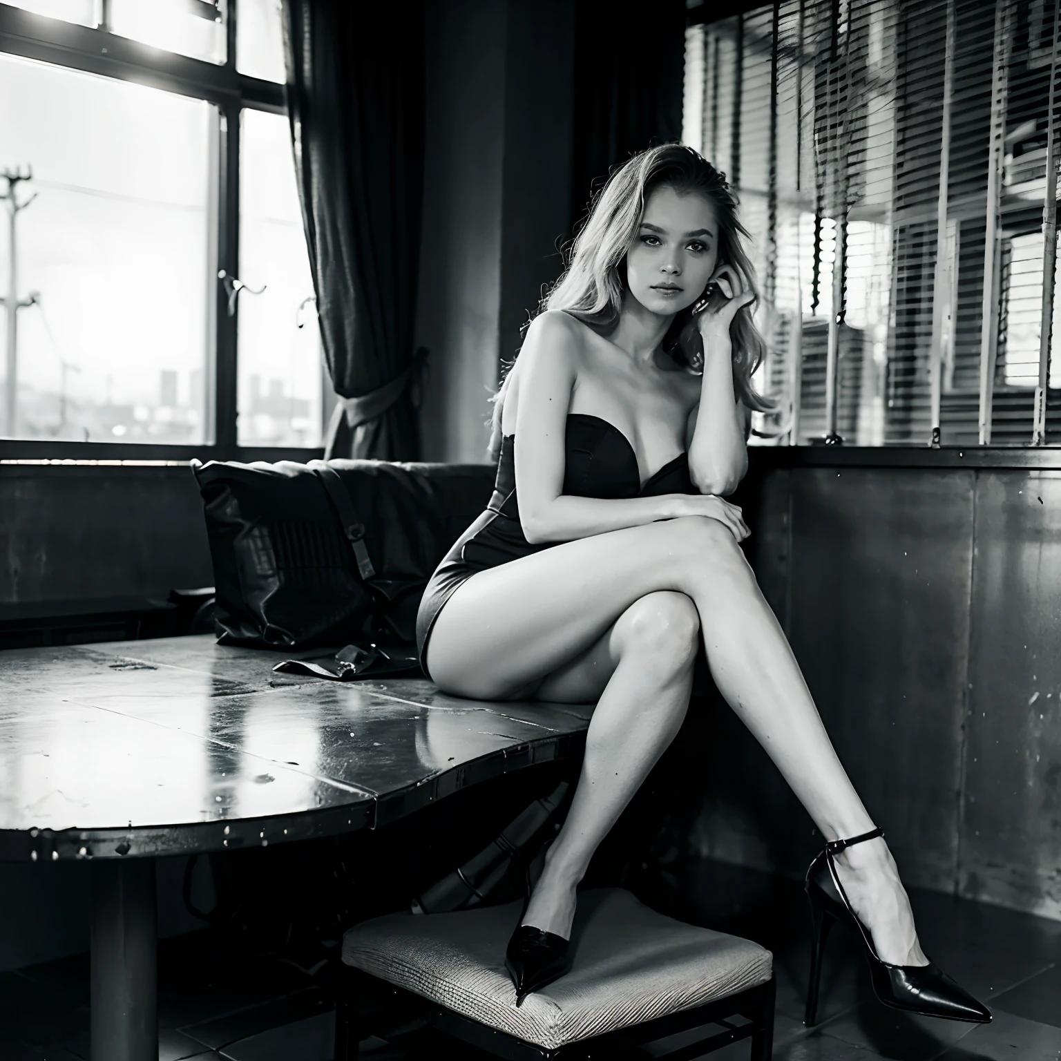 There was a woman sitting at the table, milk dripping out of mouth,Raised sexy,high-heels,legs long,seductiv,Valentino,tiese,blonde hair,high and cold,disgust, photography, helmut newton style, pirelli calendar