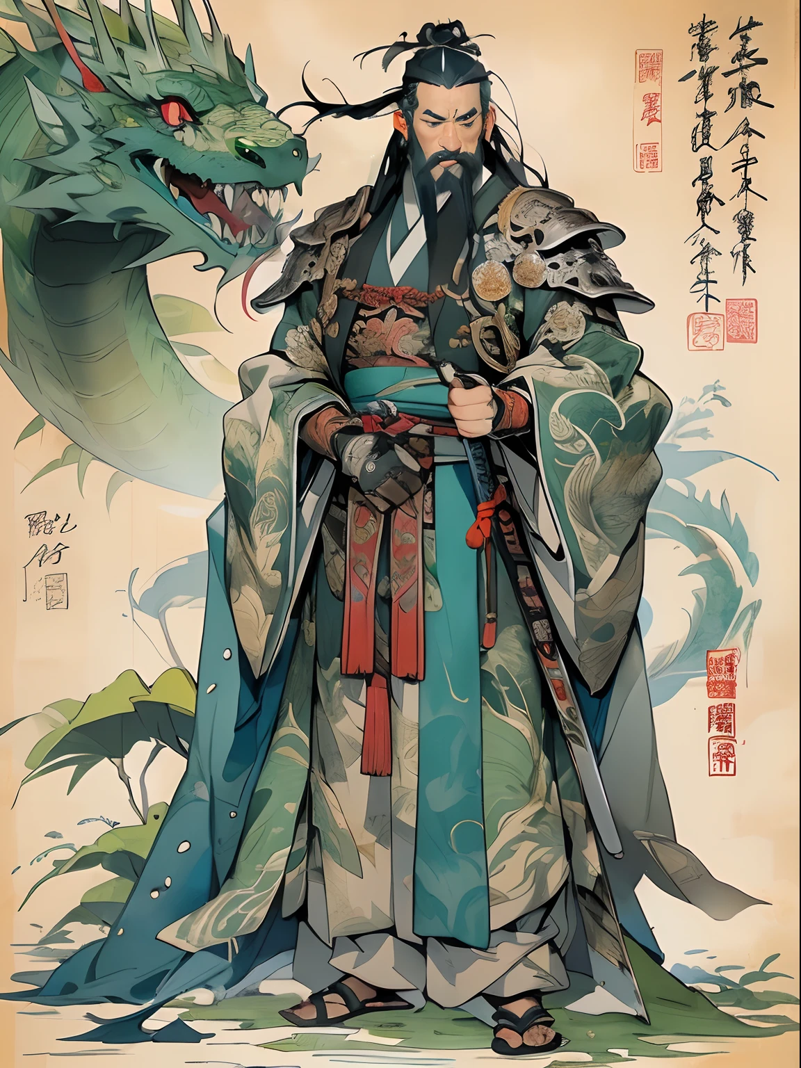 (((China-style,Ink painting method,Half-length portrait,Intense color,Han dynasty, China,Hanfu,Armor,Guan yu,Guan Yunchang,of a guy,Ruddy killing square face,Hold the Blue Dragon Moon Knife in his right hand,Stroke your beard with your left hand,Long hair,petty eyes,Green robe))), (((best qualityer))), (((tmasterpiece))), (((AS-Adult))), ((( Japanese ))), Look up from your knees, Handsome Asian samurai,perfect body figure, Modern samurai, ((( Asian))), Wear gloves on your hands,The left arm is made of steel and metal tips,Made of protective devices, The eyes are pulled, (( Appears below the chest )), (( Small dental floss )), Simon Bisley, Almost naked(Simon Bisley)Castle City Wilderness,For high-resolution posters, hair straight, Minimum clothing, armure (Crazy clothes ), Full of tips and rivets, tribal tattoos, (((full bodyesbian))), Straight brunette hair,Colored hair ends