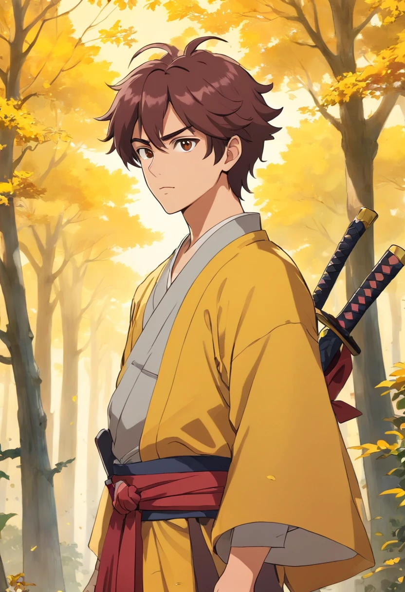 Realistic image of a handsome man, forte, cabelos longos e vermelhos, olhos azuis brilhantes, arte em estilo anime, vestido com trajes pretos estilo samurai com uma blusa preta por baixo, sorriso debochado, fluxos de sangue envolta dele, campo de batalha com escombros, yellow trees in background