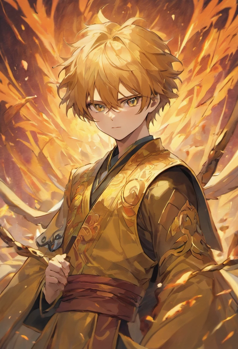 Realistic image of a handsome man, forte, cabelos longos e vermelhos, olhos azuis brilhantes, arte em estilo anime, vestido com trajes pretos estilo samurai com uma blusa preta por baixo, sorriso debochado, fluxos de sangue envolta dele, campo de batalha com escombros, yellow trees in background