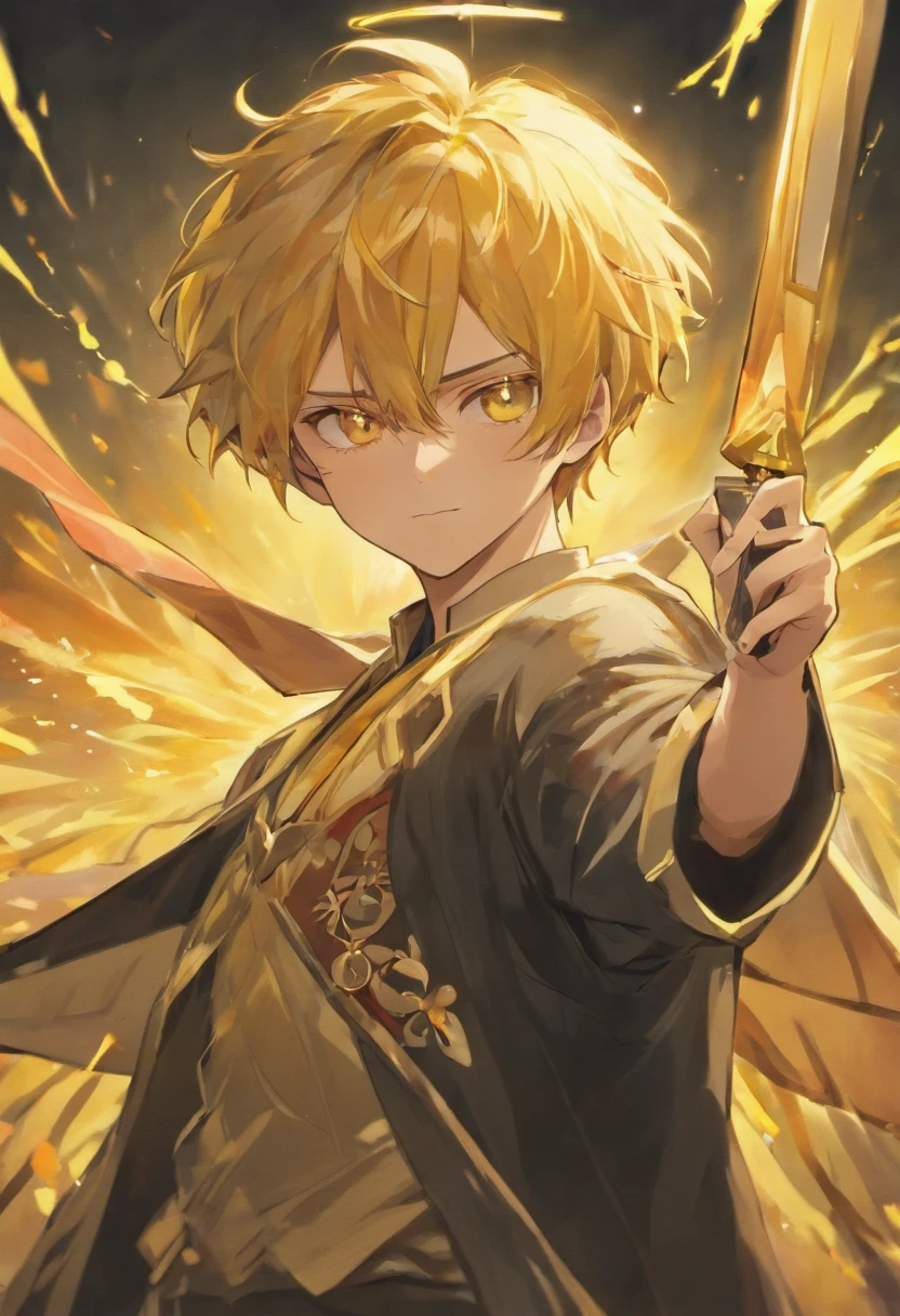 Realistic image of a handsome man, forte, cabelos longos e vermelhos, olhos azuis brilhantes, arte em estilo anime, vestido com trajes pretos estilo samurai com uma blusa preta por baixo, sorriso debochado, fluxos de sangue envolta dele, campo de batalha com escombros, yellow trees in background
