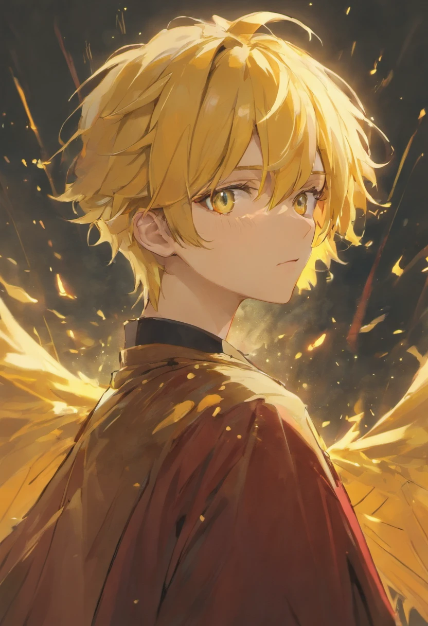 Realistic image of a handsome man, forte, cabelos longos e vermelhos, olhos azuis brilhantes, arte em estilo anime, vestido com trajes pretos estilo samurai com uma blusa preta por baixo, sorriso debochado, fluxos de sangue envolta dele, campo de batalha com escombros, yellow trees in background