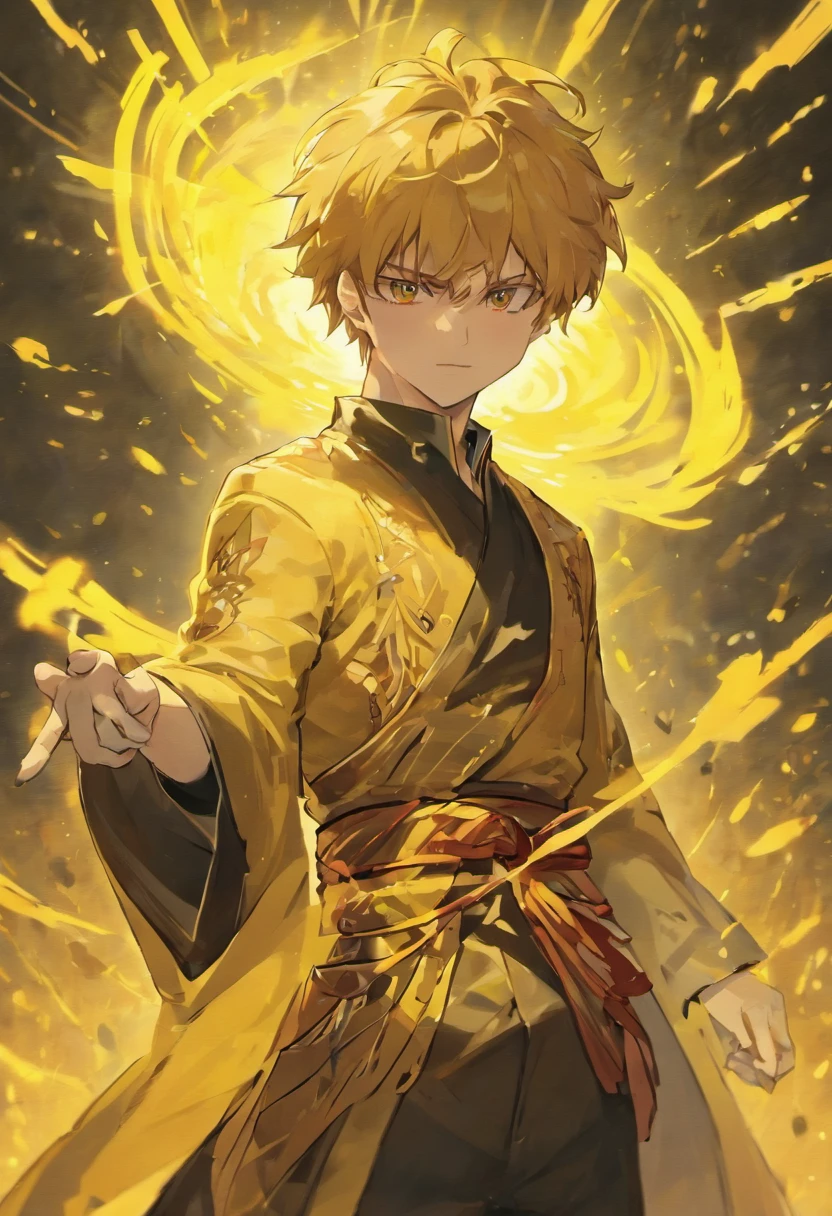 Realistic image of a handsome man, forte, cabelos longos e vermelhos, olhos azuis brilhantes, arte em estilo anime, vestido com trajes pretos estilo samurai com uma blusa preta por baixo, sorriso debochado, fluxos de sangue envolta dele, campo de batalha com escombros, yellow trees in background